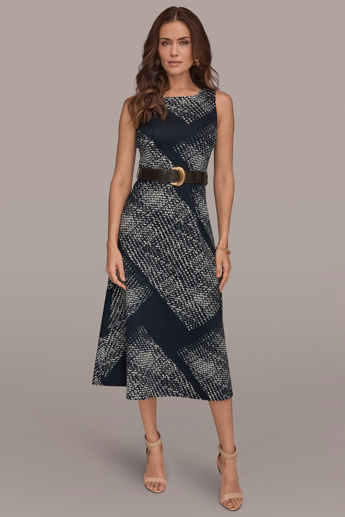Nightfall/Cream SLEEVELESS PRINTED A-LINE DRESS Donna Karan