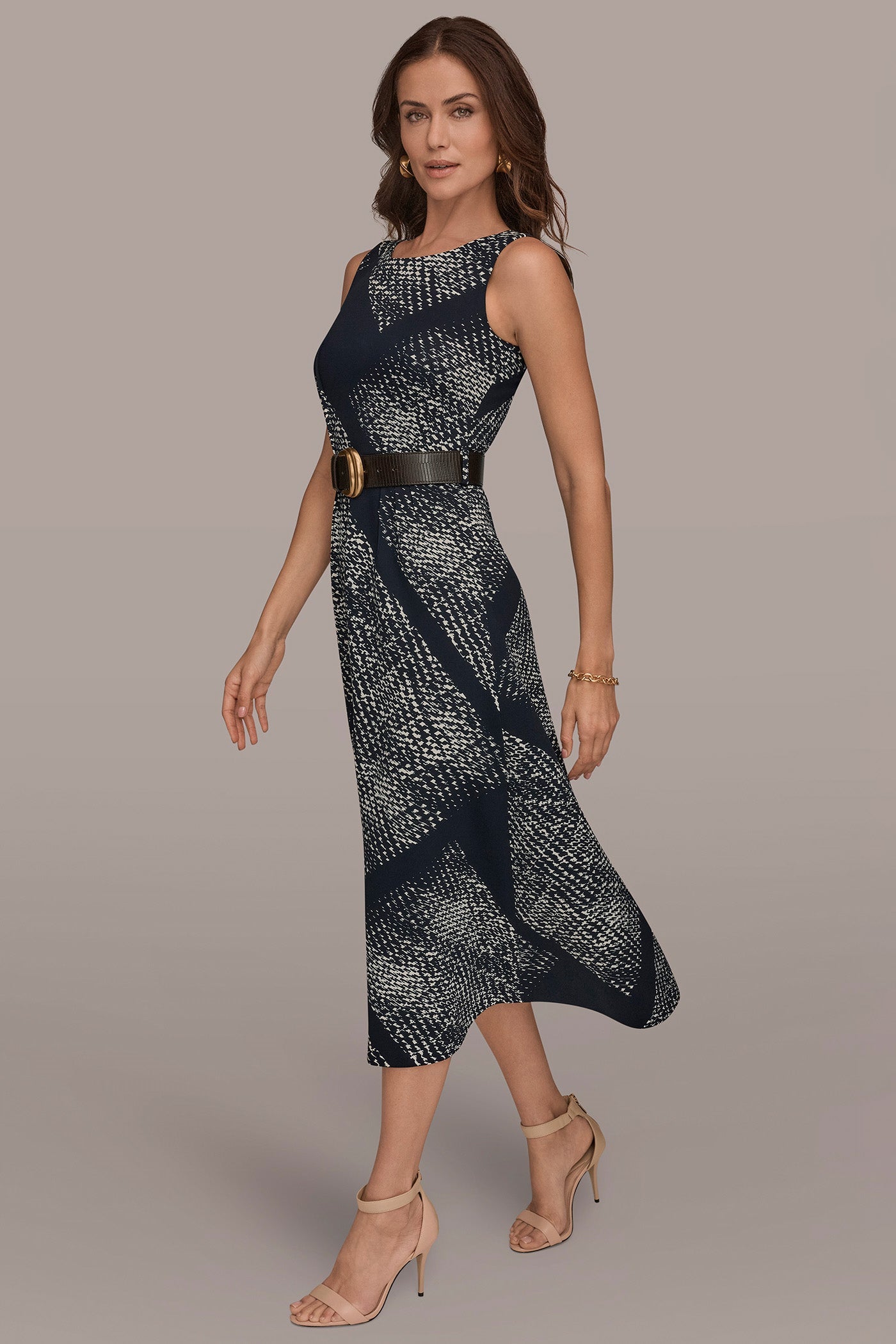 Nightfall/Cream SLEEVELESS PRINTED A-LINE DRESS Donna Karan