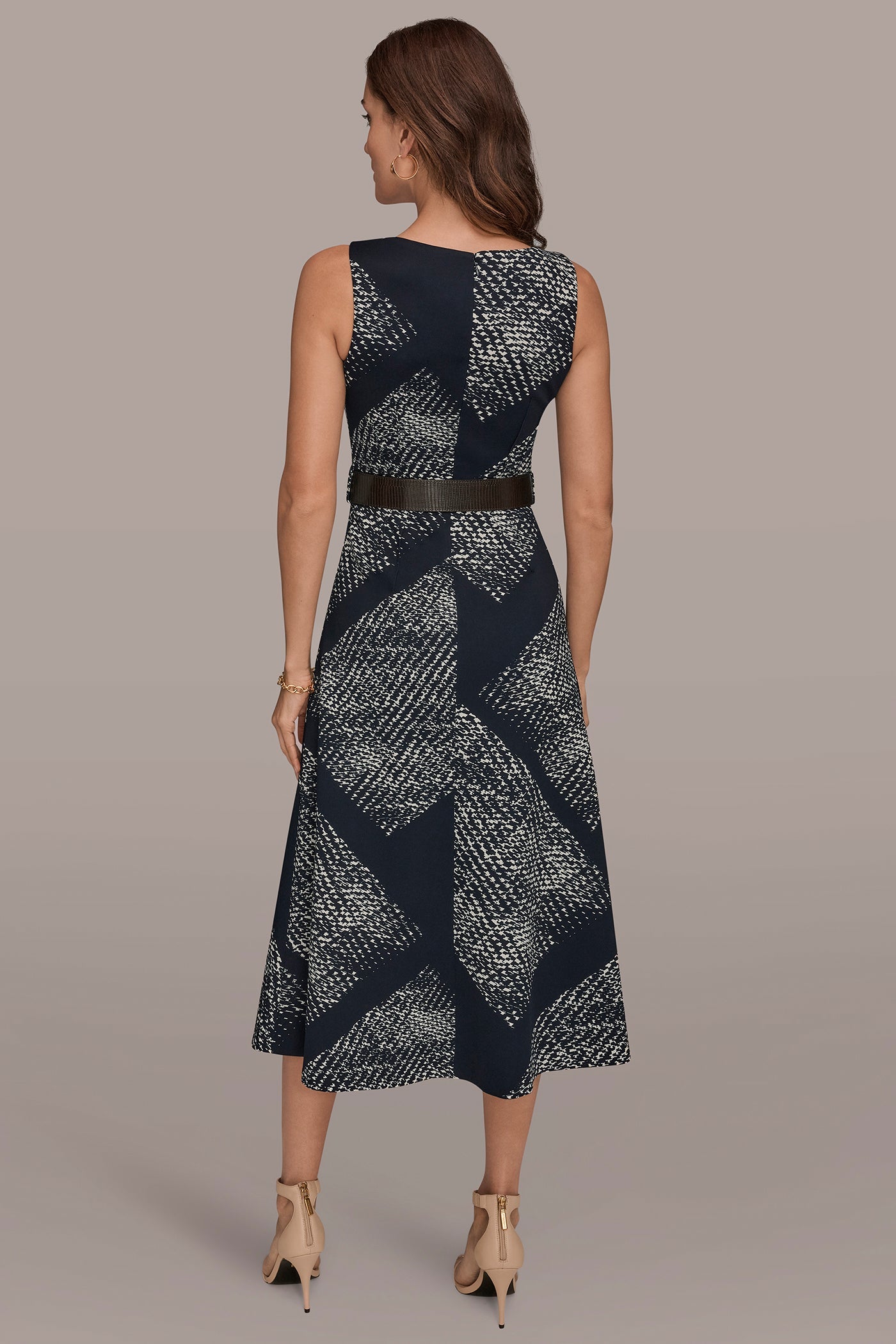 Nightfall/Cream SLEEVELESS PRINTED A-LINE DRESS Donna Karan