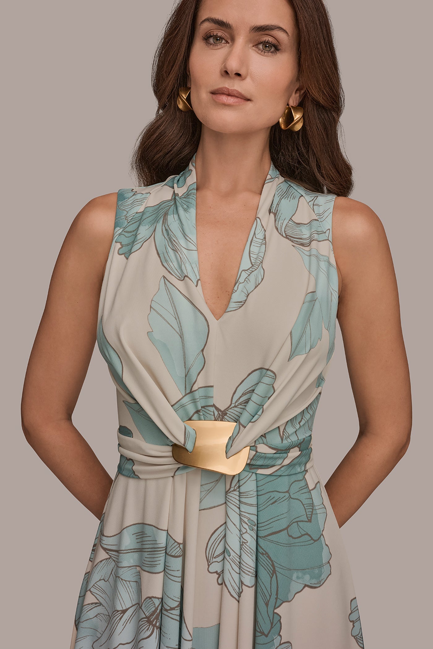 Vellum/Waterlily Multi SLEEVELESS FLORAL GATHERED MIDI A-LINE DRESS Donna Karan