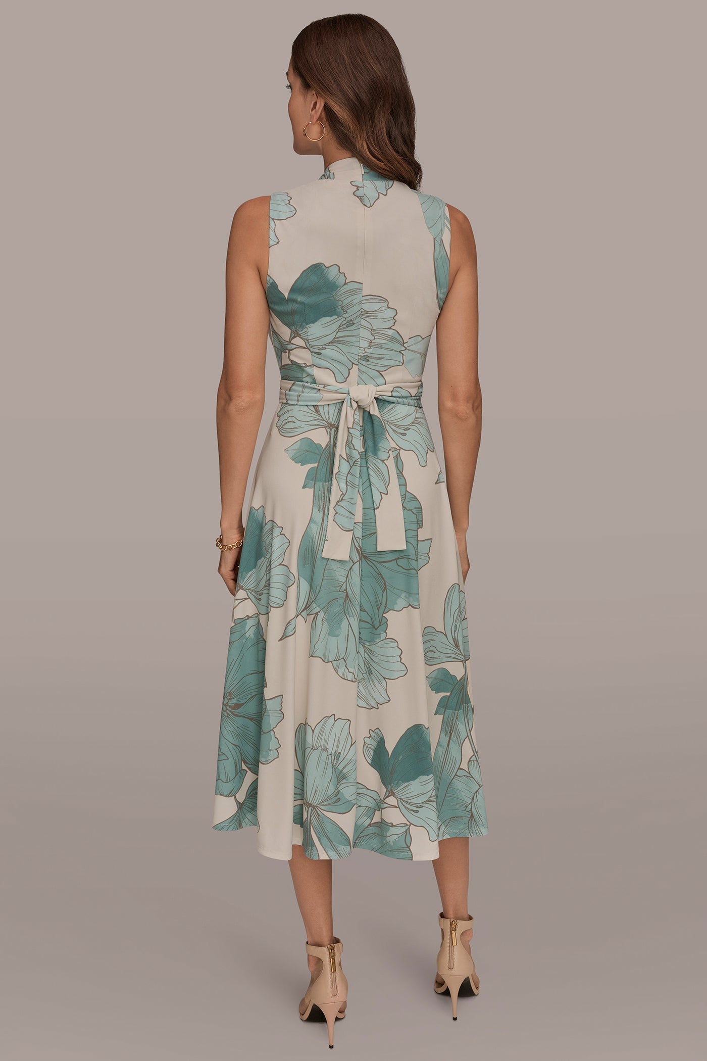 Vellum/Waterlily Multi SLEEVELESS FLORAL GATHERED MIDI A-LINE DRESS Donna Karan