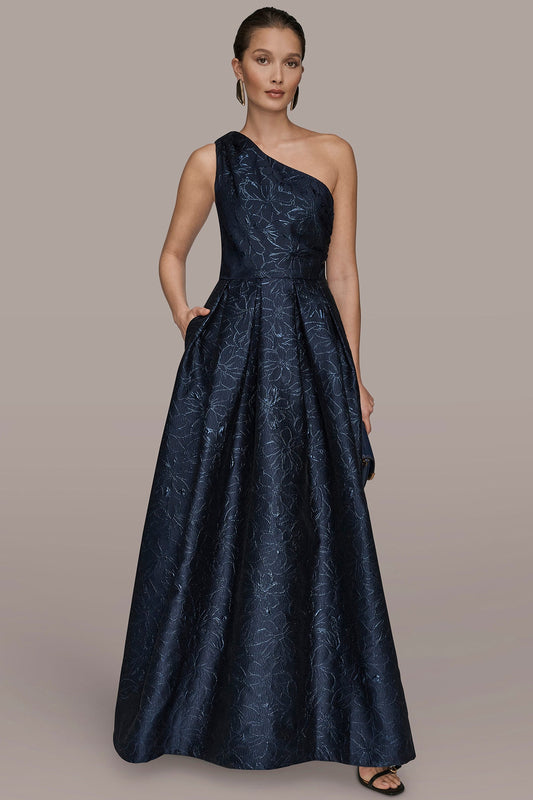 NIGHTFALL METALLIC FLORAL-JACQUARD ONE-SHOULDER BALL GOWN Donna Karan
