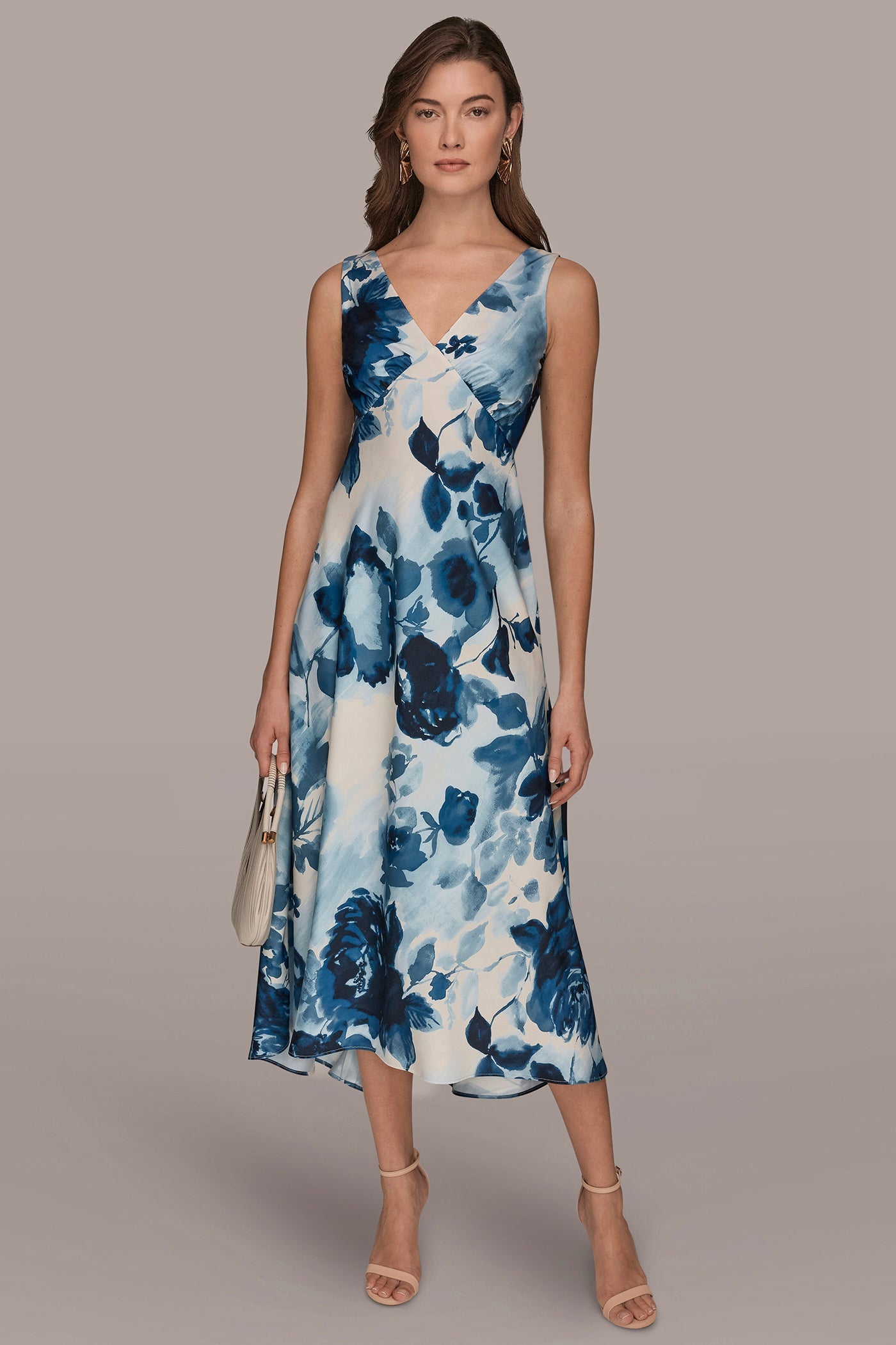 Nightfall Multi SATIN SLEEVELESS FLORAL MIDI A-LINE DRESS Donna Karan
