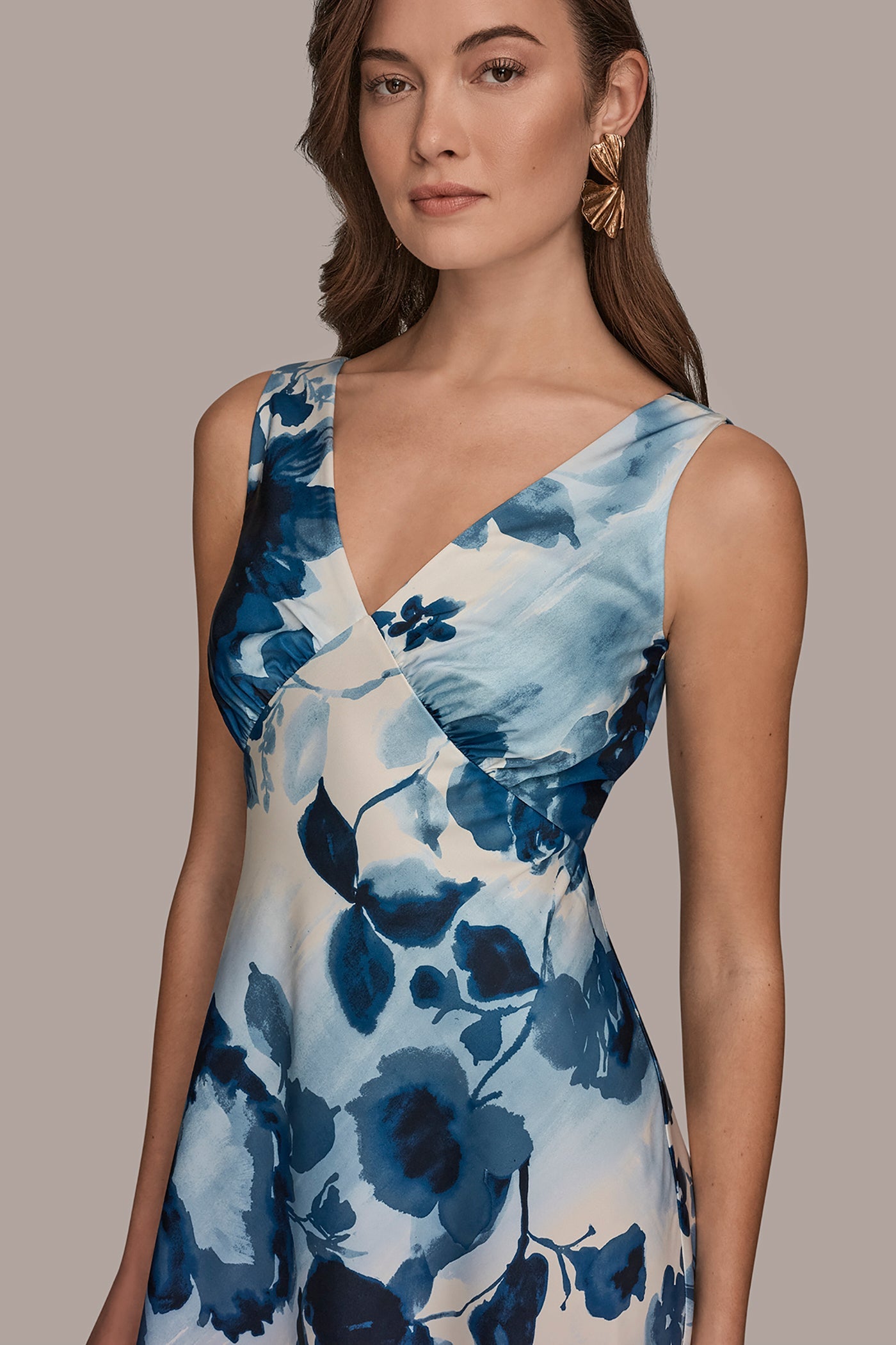 Nightfall Multi SATIN SLEEVELESS FLORAL MIDI A-LINE DRESS Donna Karan