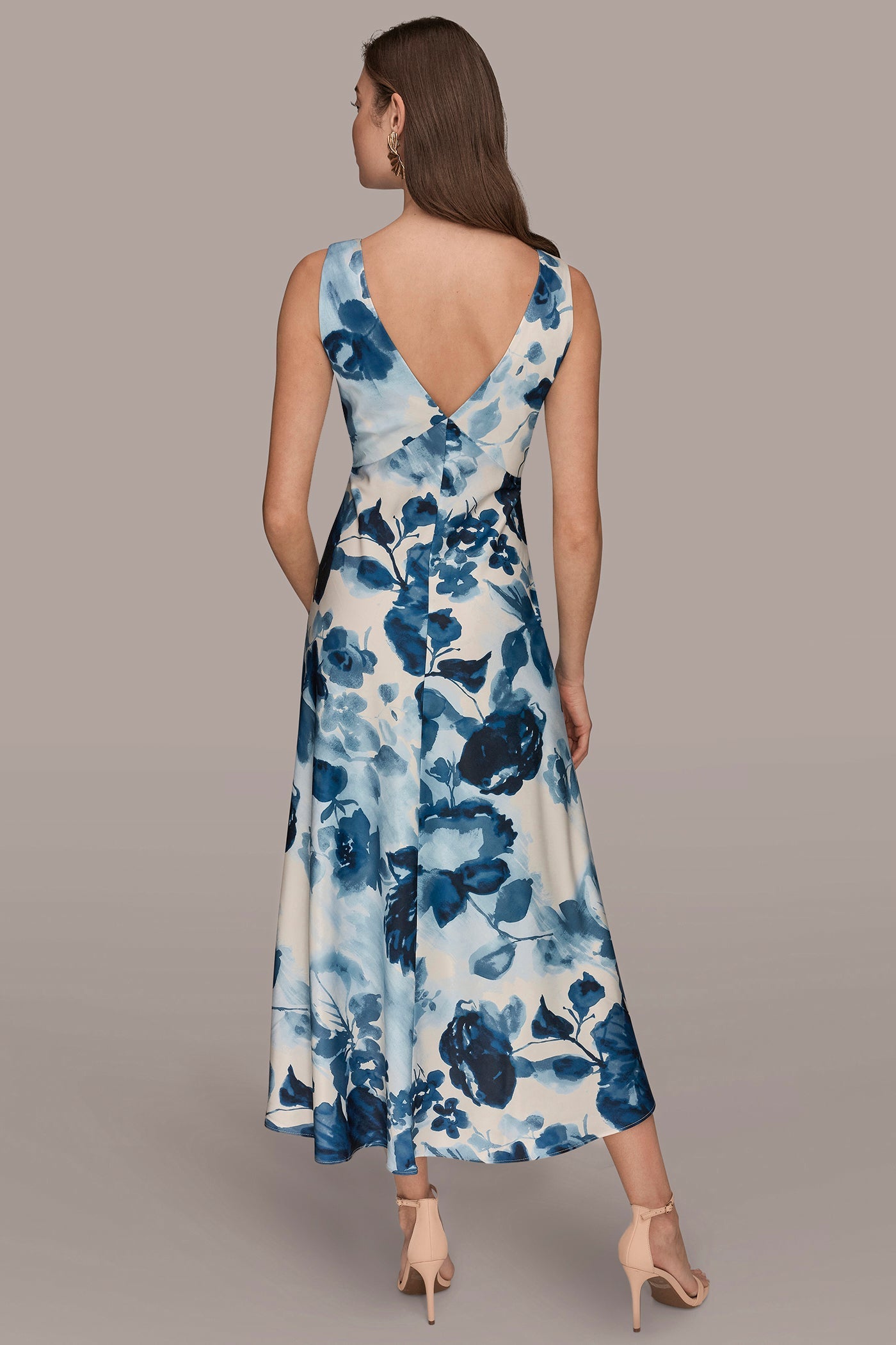 Nightfall Multi SATIN SLEEVELESS FLORAL MIDI A-LINE DRESS Donna Karan