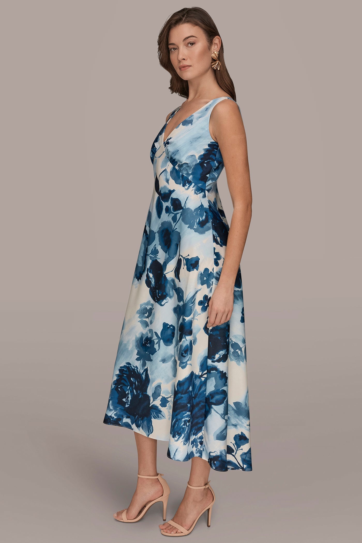 Nightfall Multi SATIN SLEEVELESS FLORAL MIDI A-LINE DRESS Donna Karan