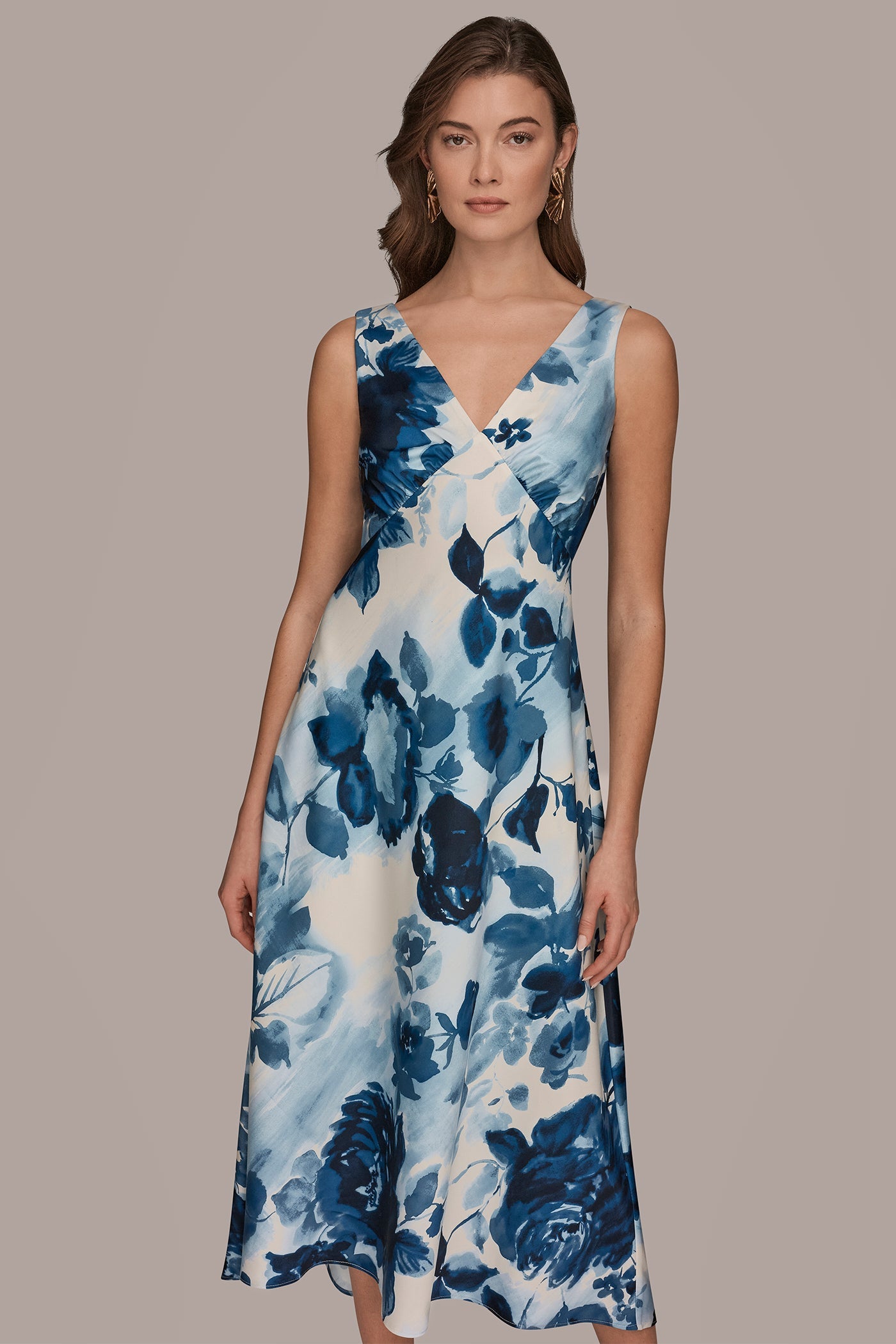 Nightfall Multi SATIN SLEEVELESS FLORAL MIDI A-LINE DRESS Donna Karan