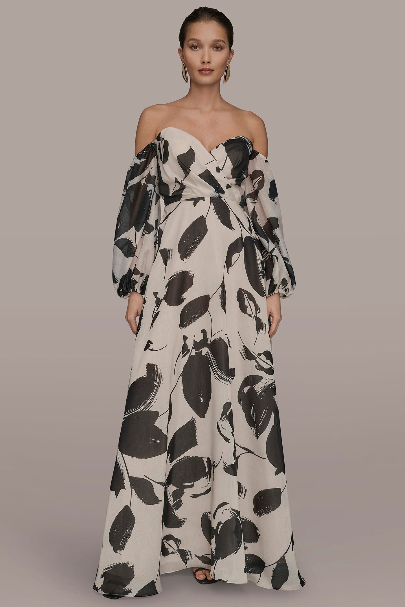 BLACK/VELLUM ORGANZA OFF-THE-SHOULDER FLORAL GOWN Donna Karan