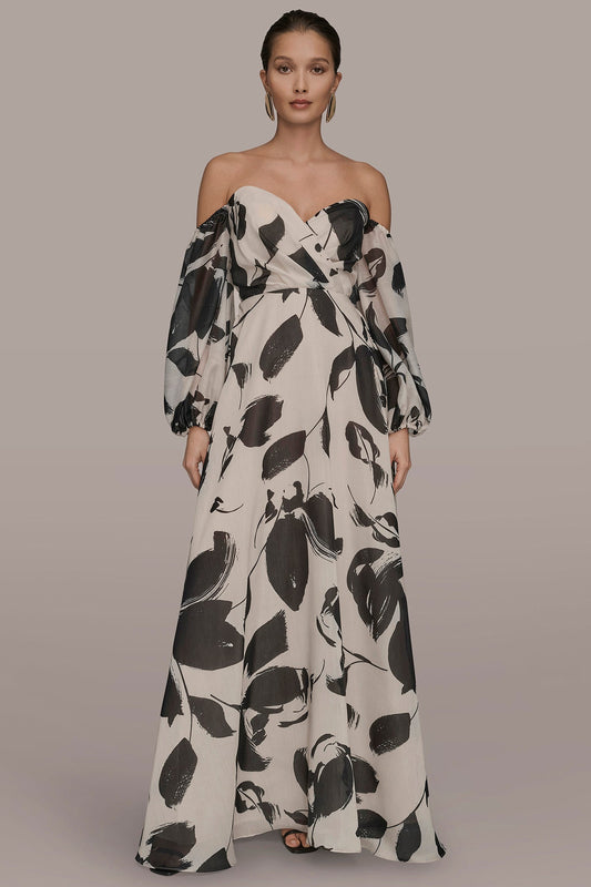 BLACK/VELLUM ORGANZA OFF-THE-SHOULDER FLORAL GOWN Donna Karan