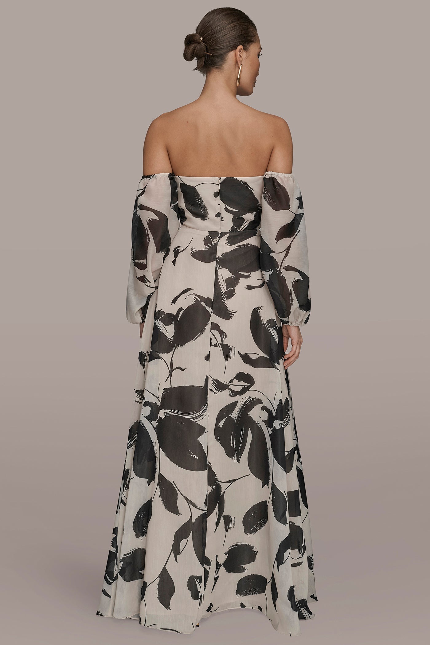 BLACK/VELLUM ORGANZA OFF-THE-SHOULDER FLORAL GOWN Donna Karan