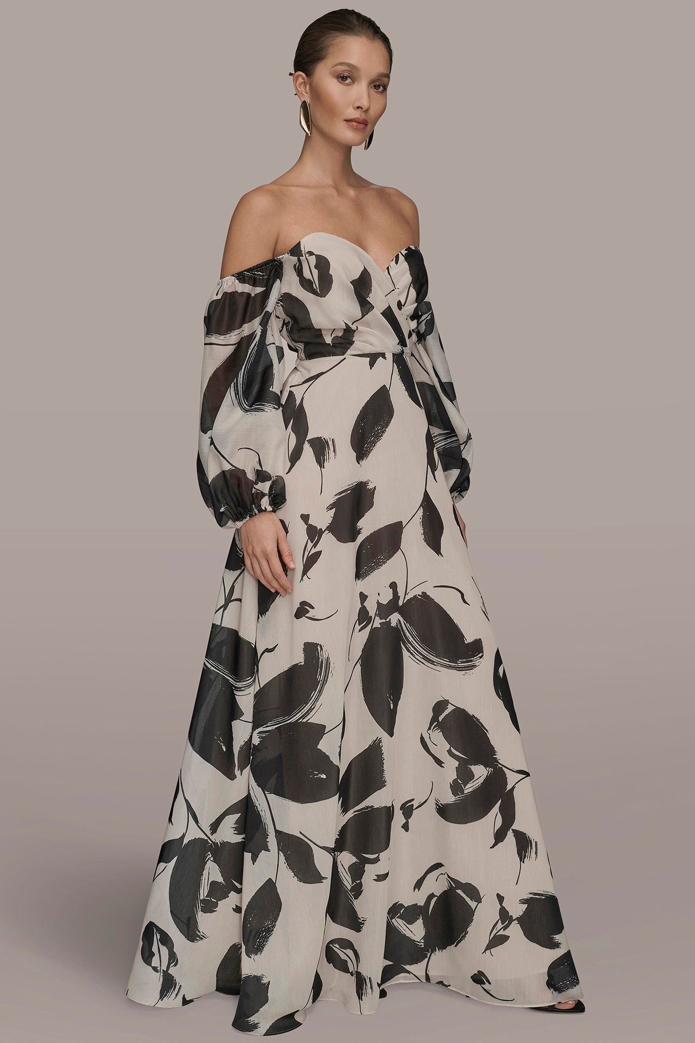 BLACK/VELLUM ORGANZA OFF-THE-SHOULDER FLORAL GOWN Donna Karan