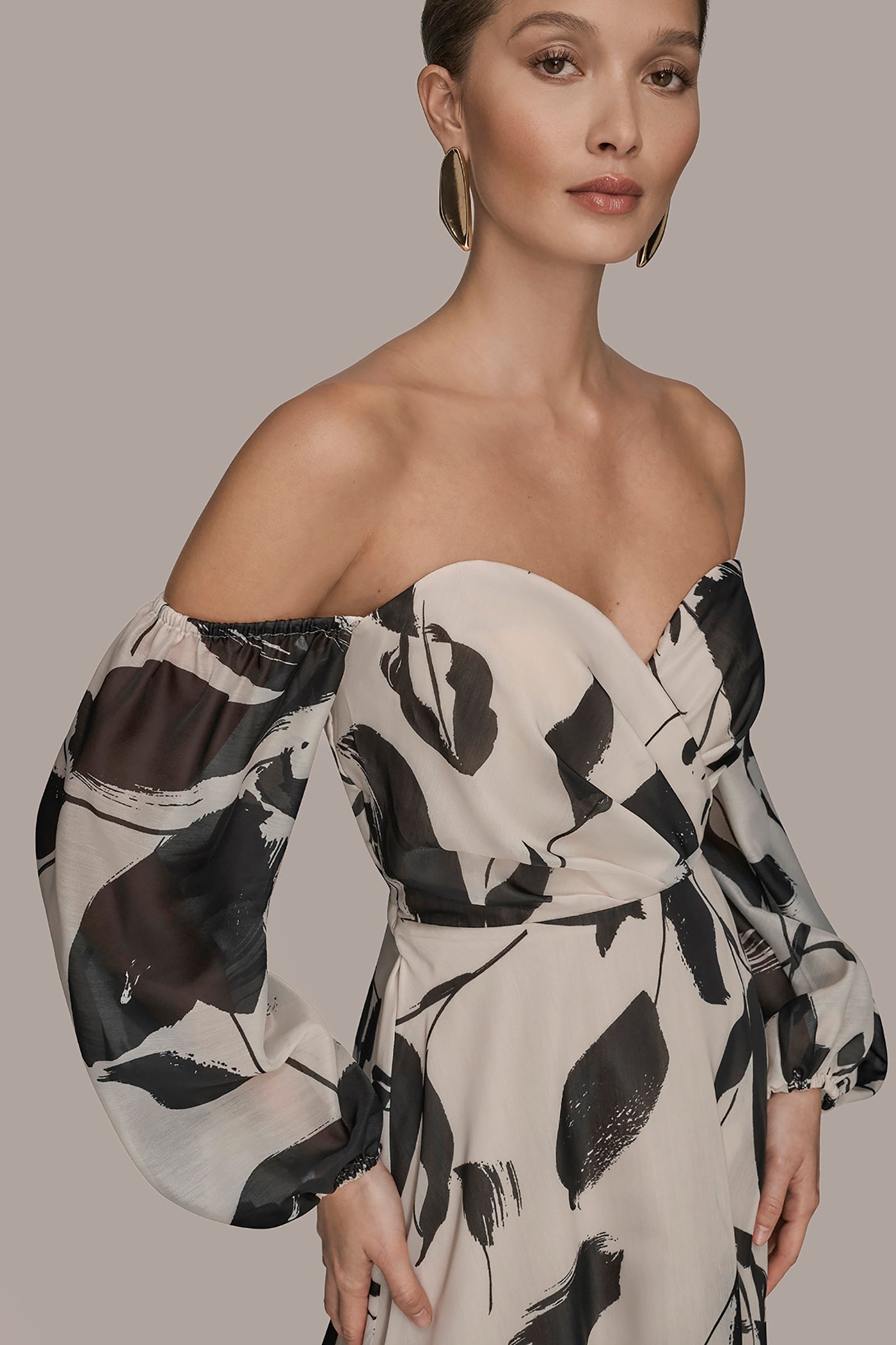 BLACK/VELLUM ORGANZA OFF-THE-SHOULDER FLORAL GOWN Donna Karan