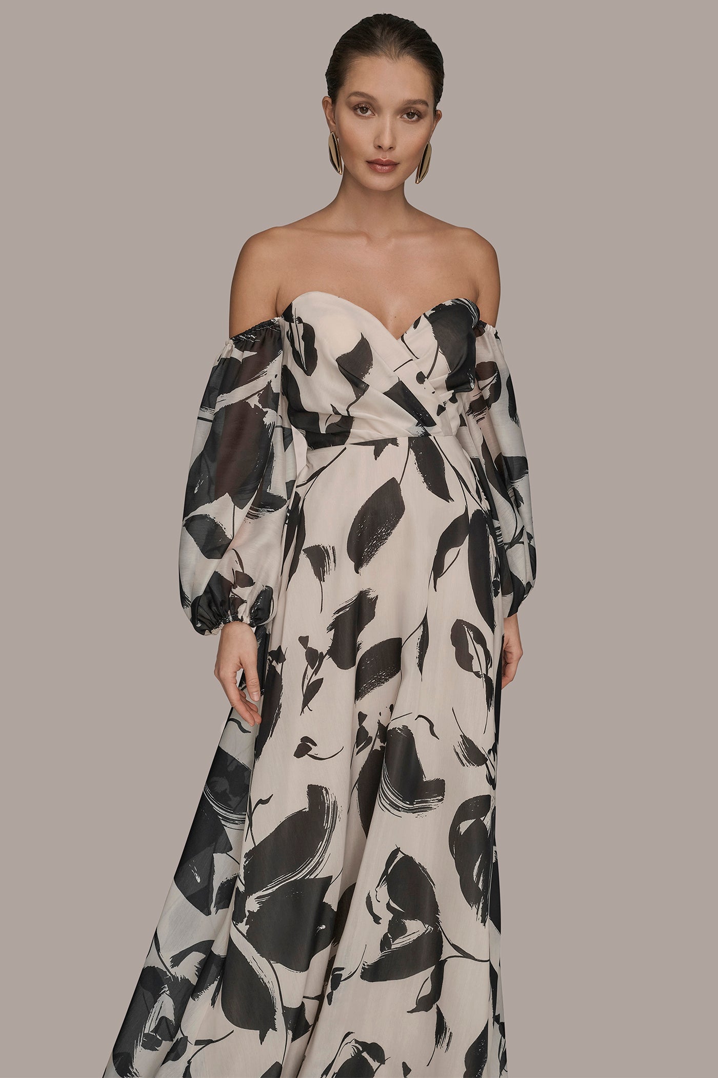 BLACK/VELLUM ORGANZA OFF-THE-SHOULDER FLORAL GOWN Donna Karan
