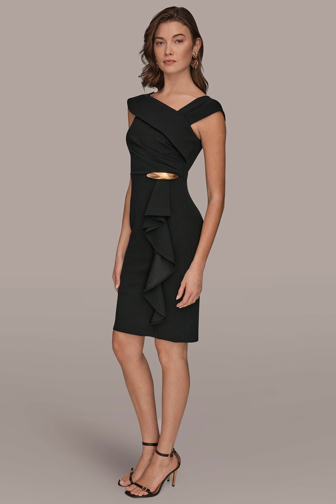 Black SHORT SLEEVE ASYMMETRIC RUFFLE SHEATH DRESS Donna Karan