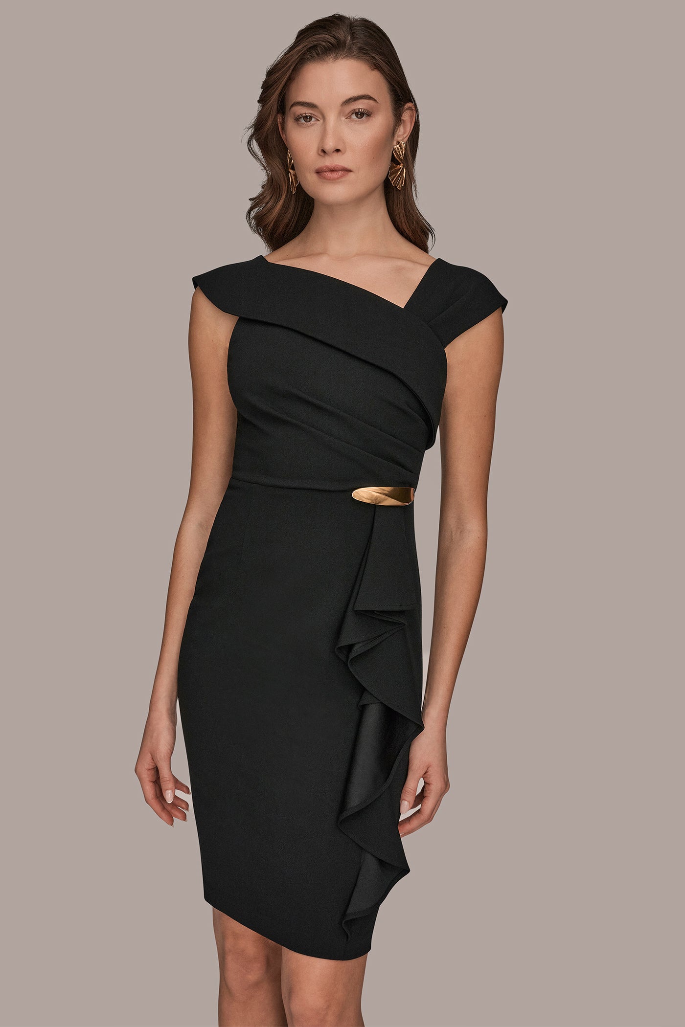 Black SHORT SLEEVE ASYMMETRIC RUFFLE SHEATH DRESS Donna Karan