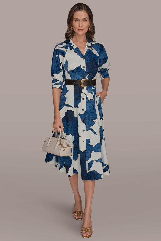 Cream/Nightfall Multi COTTON-SATEEN FLORAL MIDI SHIRT DRESS Donna Karan