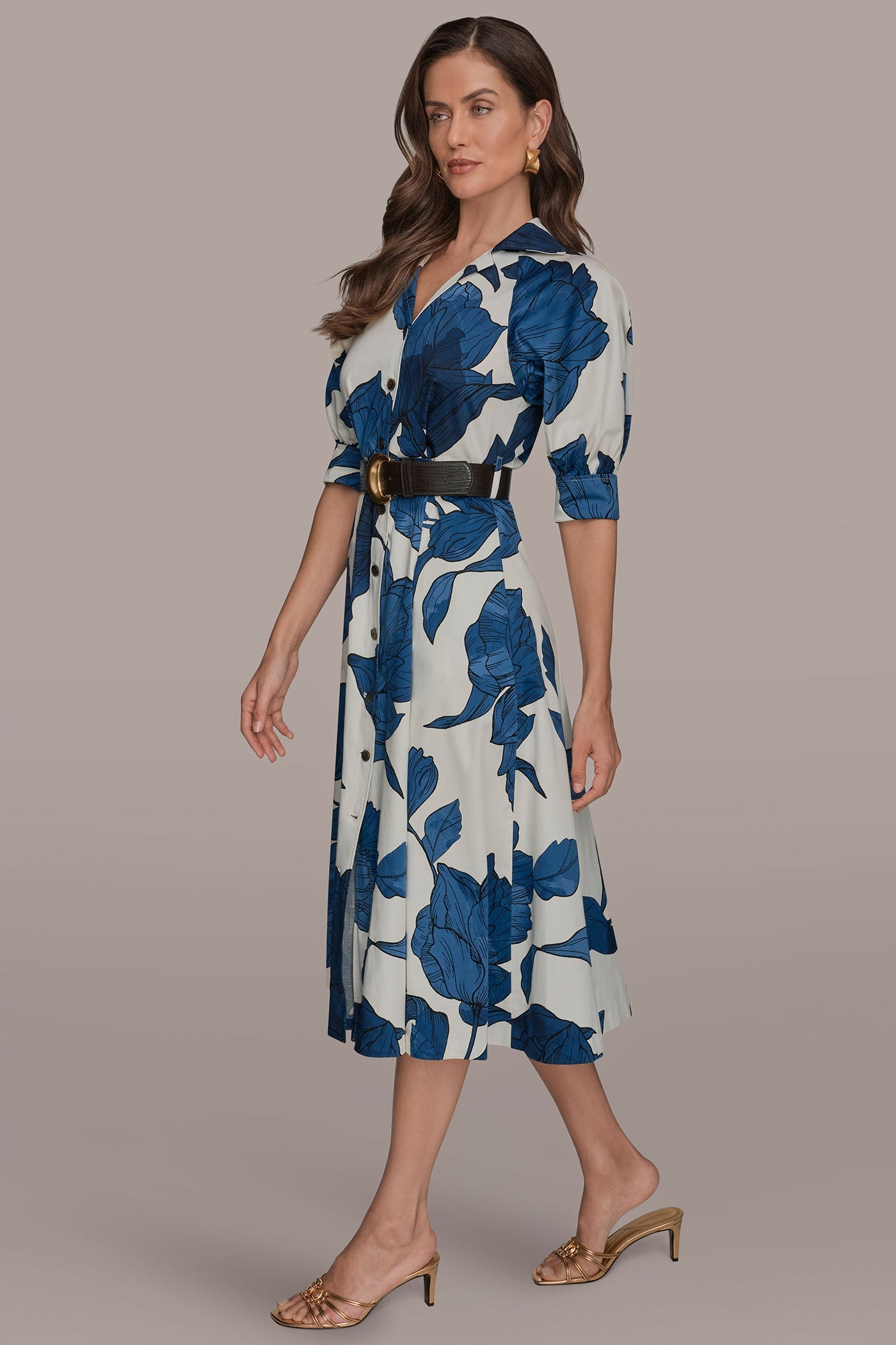 Cream/Nightfall Multi COTTON-SATEEN FLORAL MIDI SHIRT DRESS Donna Karan