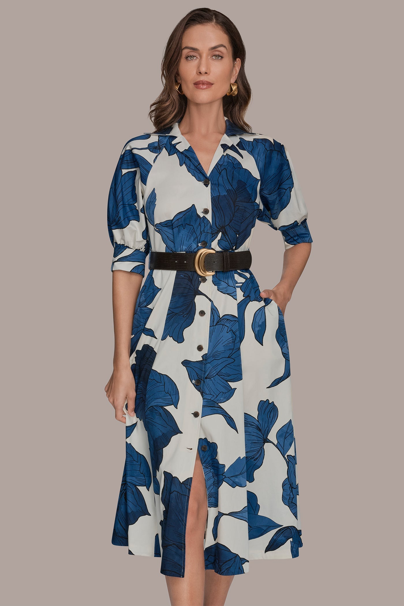 Cream/Nightfall Multi COTTON-SATEEN FLORAL MIDI SHIRT DRESS Donna Karan