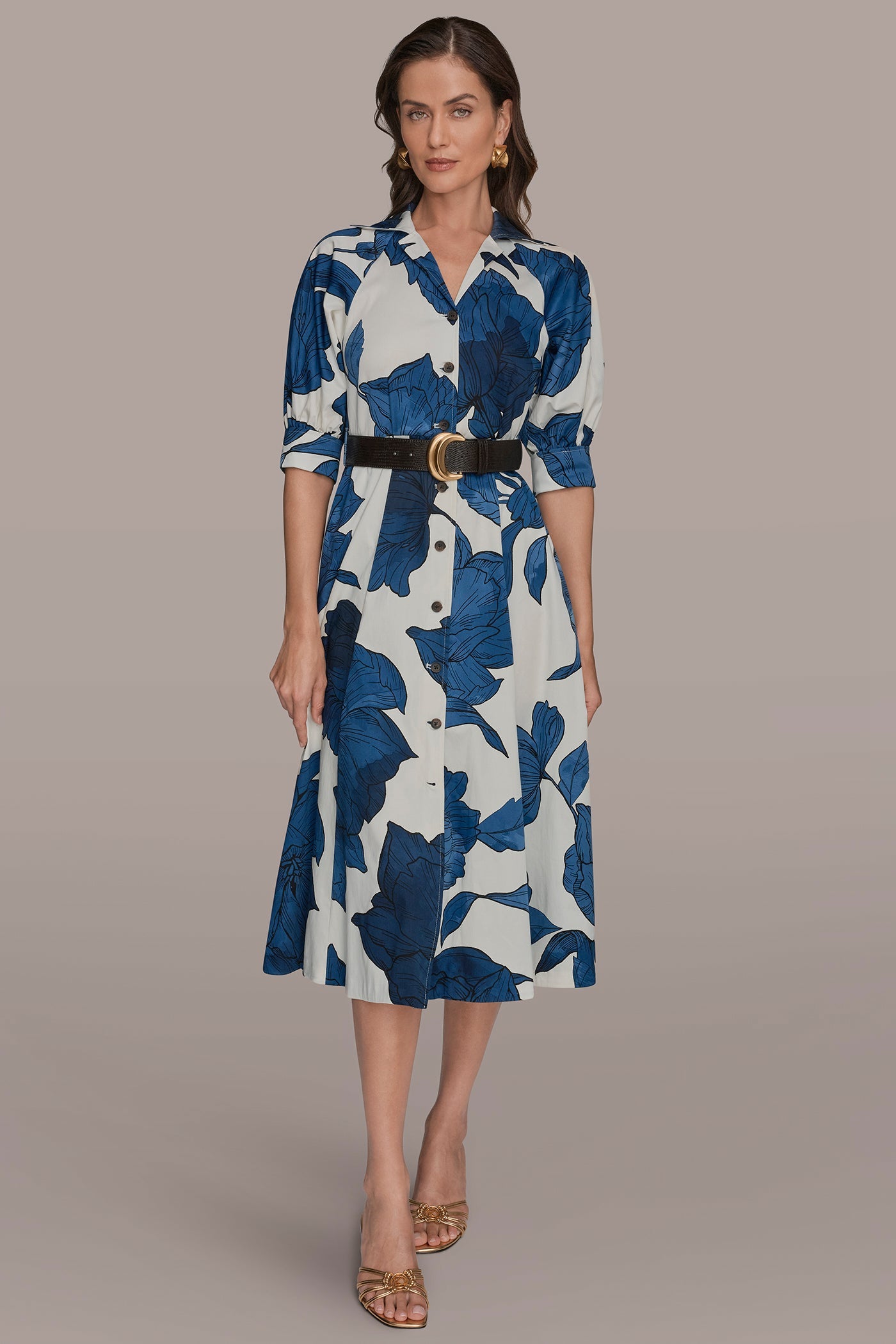 Cream/Nightfall Multi COTTON-SATEEN FLORAL MIDI SHIRT DRESS Donna Karan