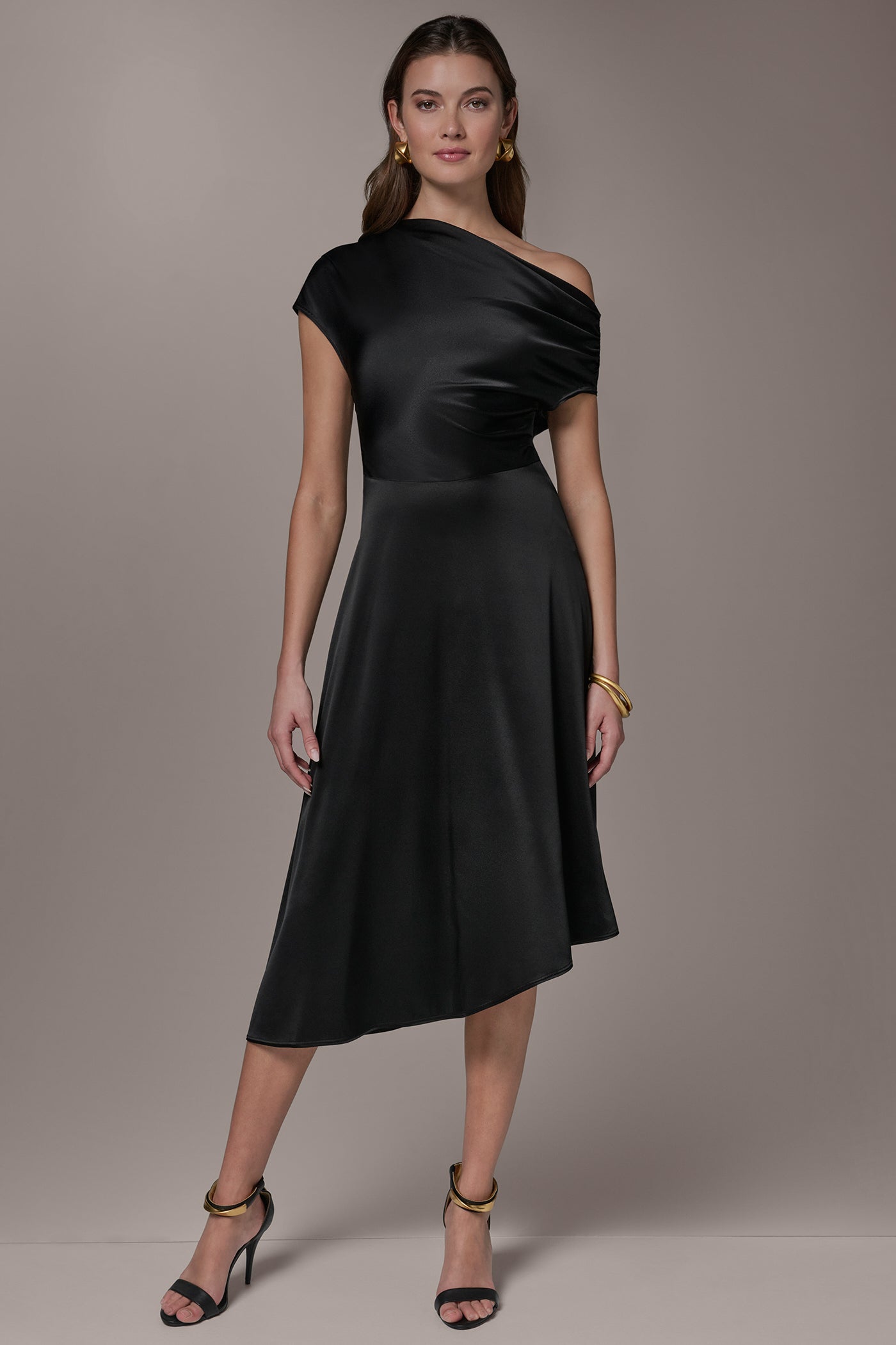 Black SILK-CHARMEUSE MIDI A-LINE DRESS Donna Karan