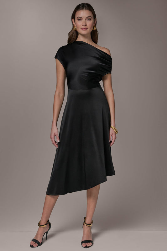 Black SILK-CHARMEUSE MIDI A-LINE DRESS Donna Karan