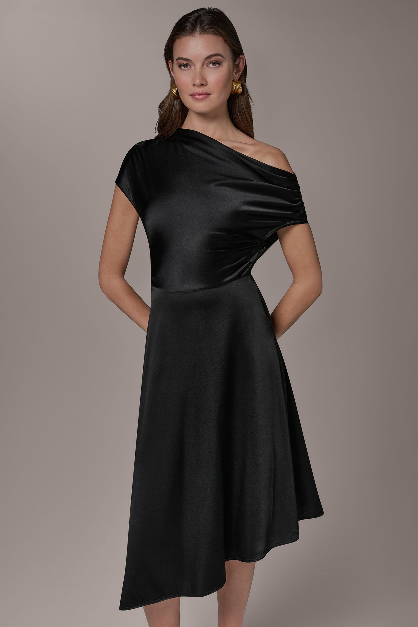 Black SILK-CHARMEUSE MIDI A-LINE DRESS Donna Karan