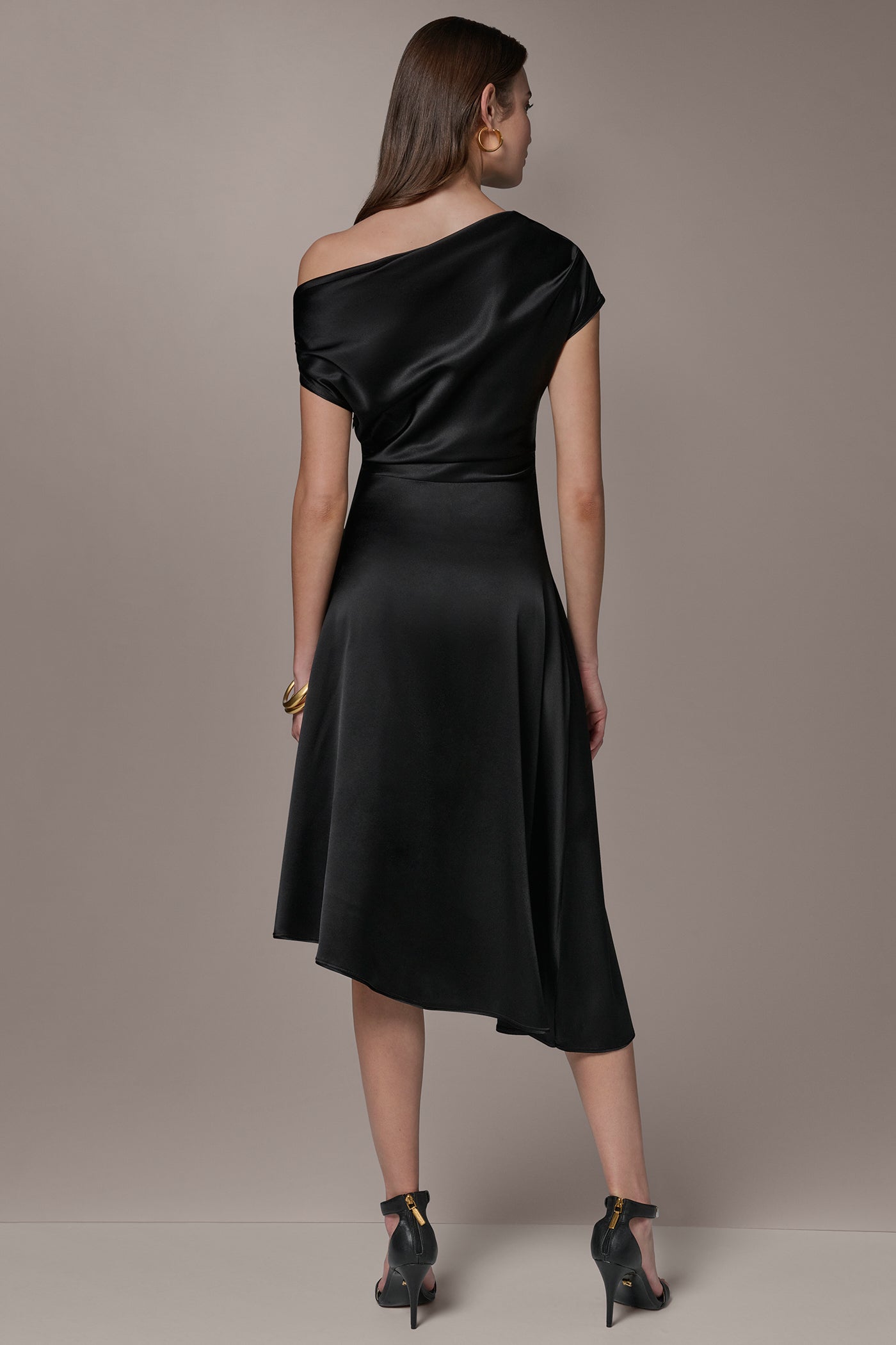 Black SILK-CHARMEUSE MIDI A-LINE DRESS Donna Karan