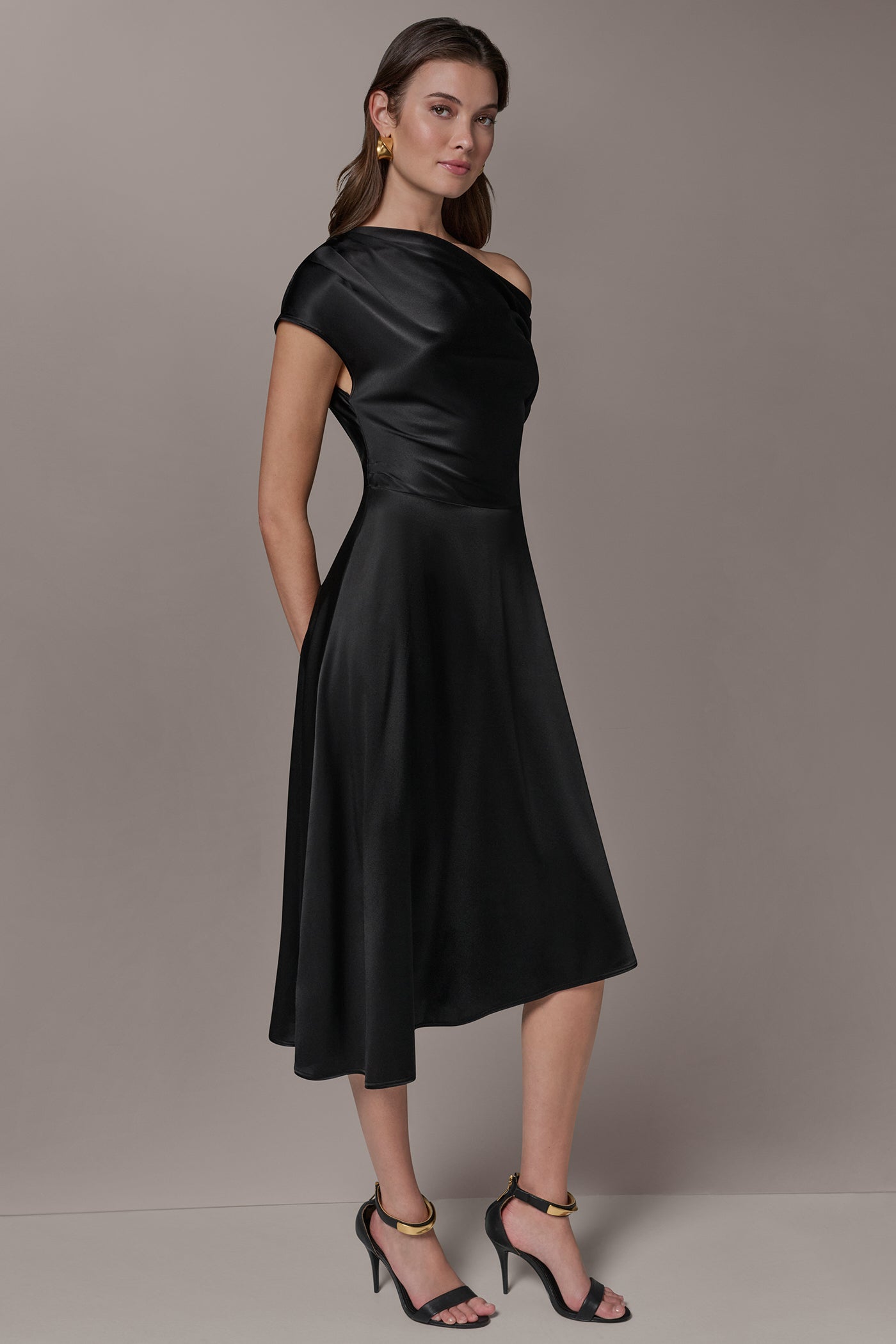 Black SILK-CHARMEUSE MIDI A-LINE DRESS Donna Karan