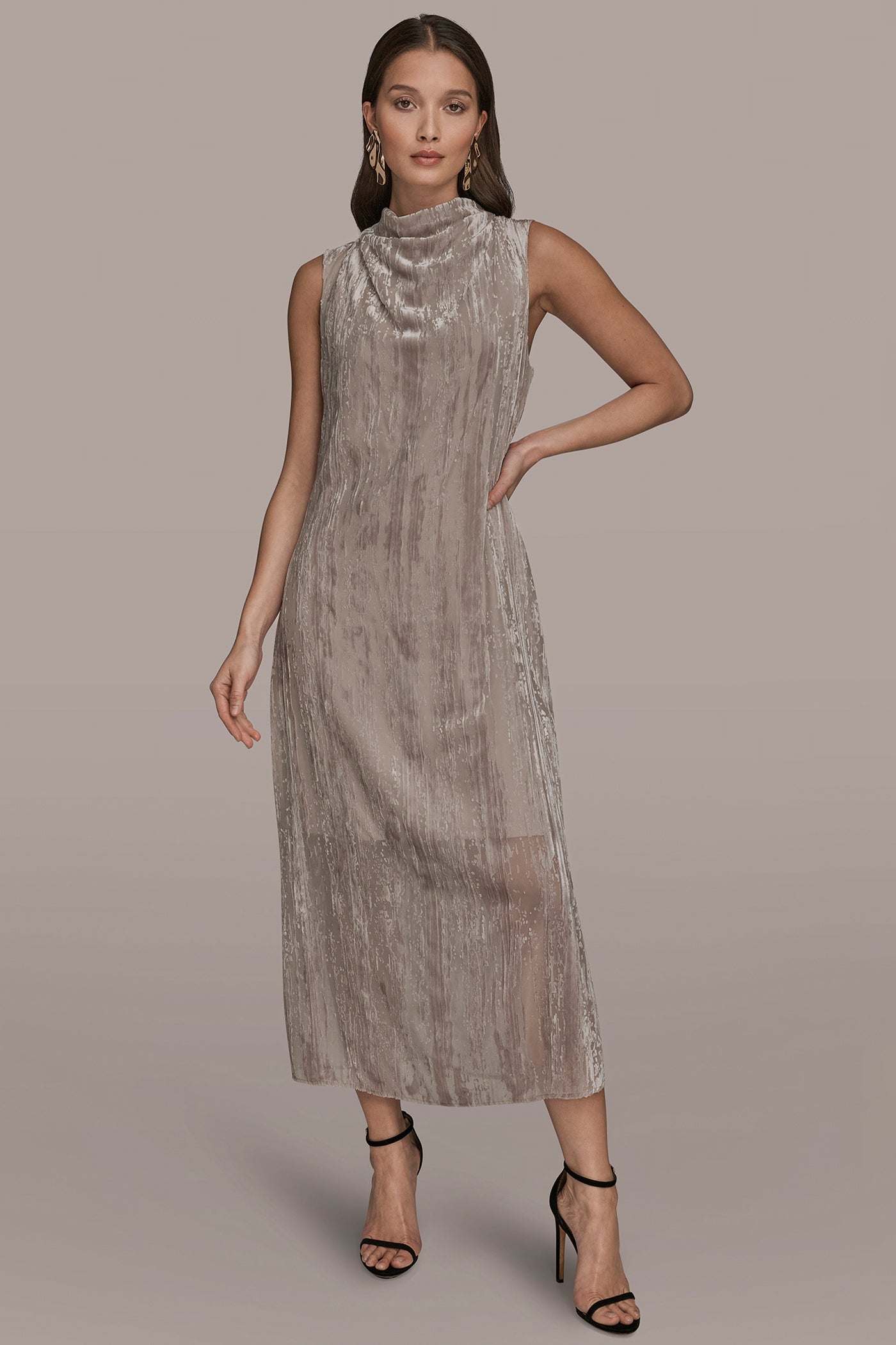 VAPOR SLEEVELESS COWL-NECK BURNOUT MIDI DRESS Donna Karan