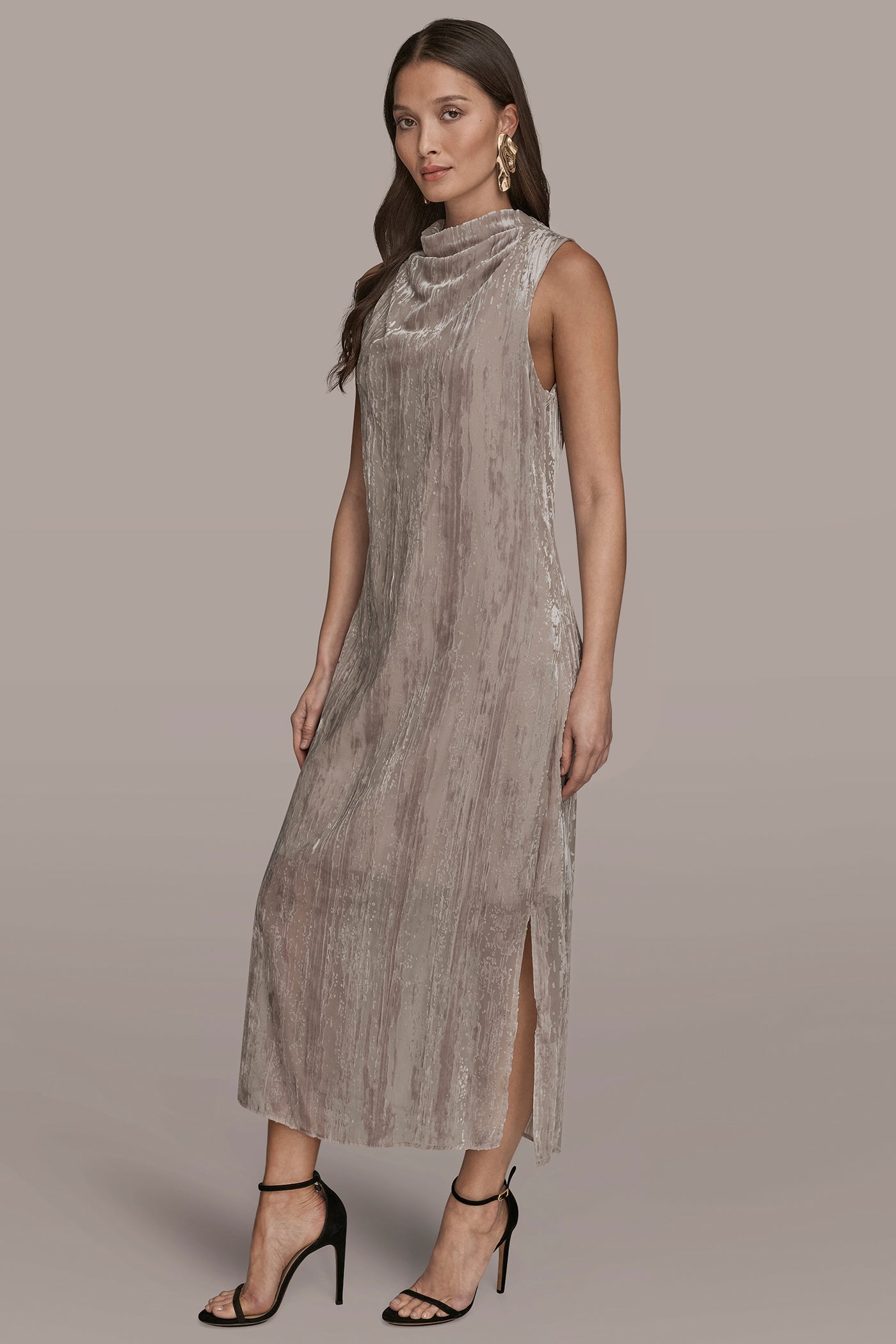 VAPOR SLEEVELESS COWL-NECK BURNOUT MIDI DRESS Donna Karan