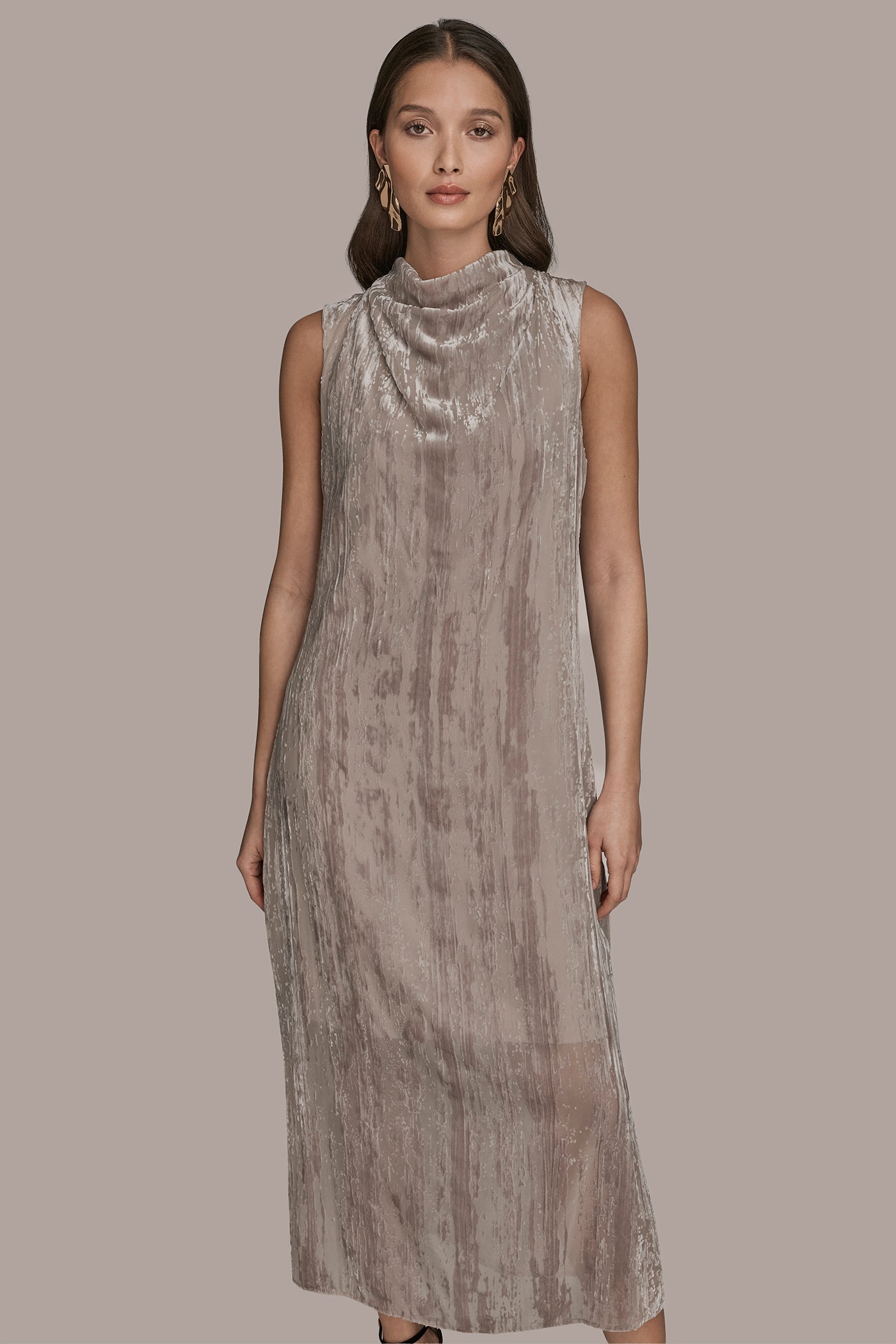 VAPOR SLEEVELESS COWL-NECK BURNOUT MIDI DRESS Donna Karan