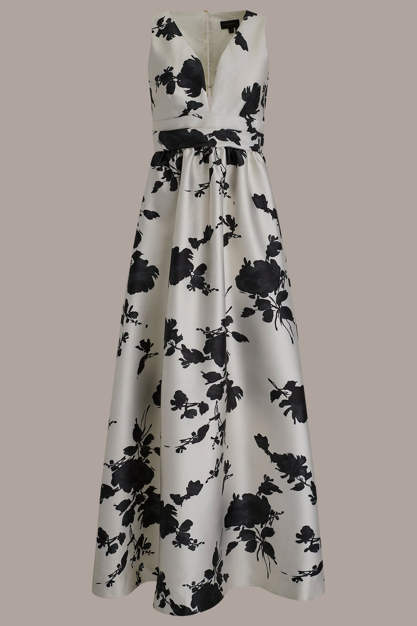 Cream/Black MIKADO SLEEVELESS V-NECK FLORAL GOWN Donna Karan
