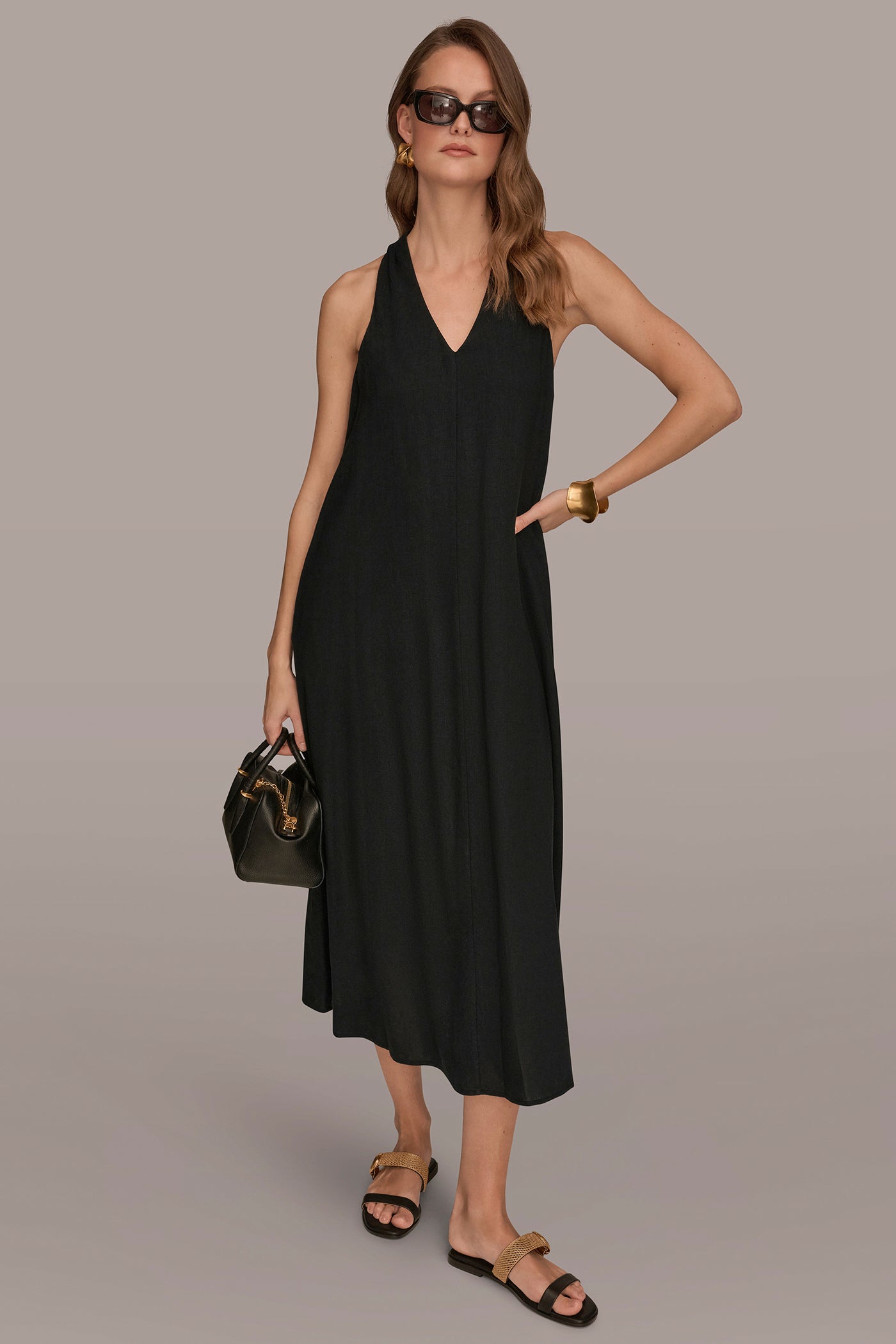 Black LINEN-BLEND SLEEVELESS TWIST-BACK MIDI HALTER DRESS Donna Karan