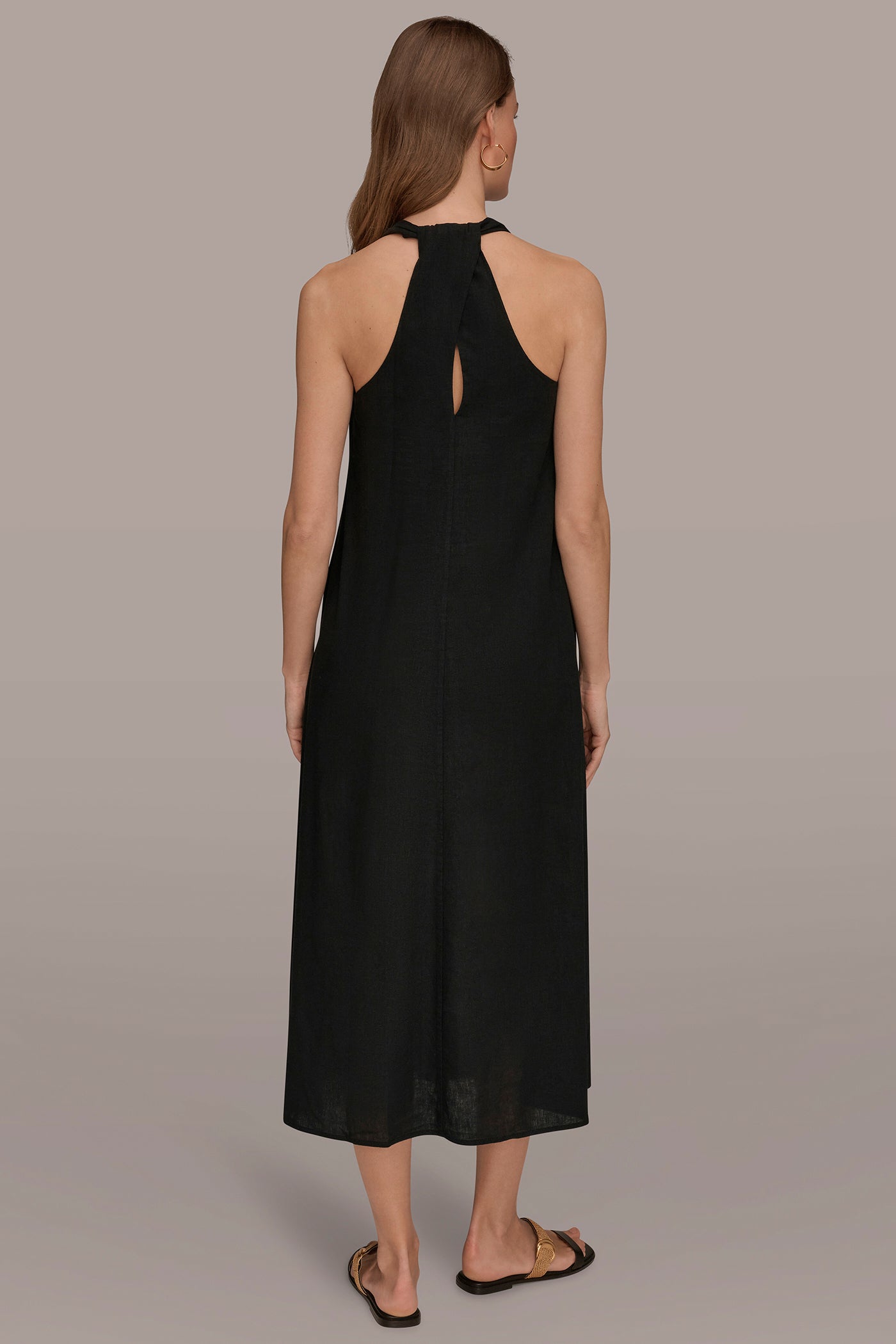 Black LINEN-BLEND SLEEVELESS TWIST-BACK MIDI HALTER DRESS Donna Karan