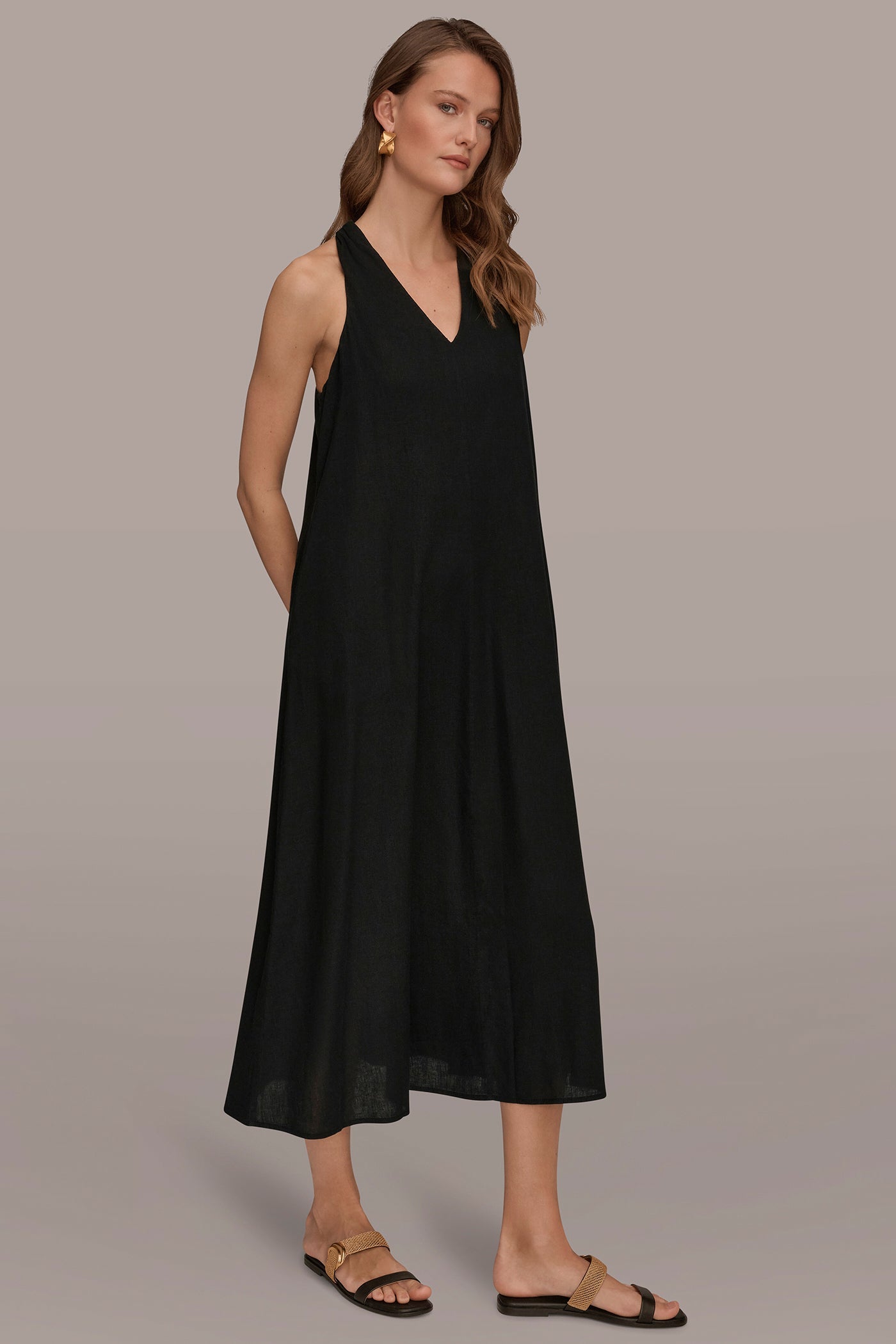 Black LINEN-BLEND SLEEVELESS TWIST-BACK MIDI HALTER DRESS Donna Karan