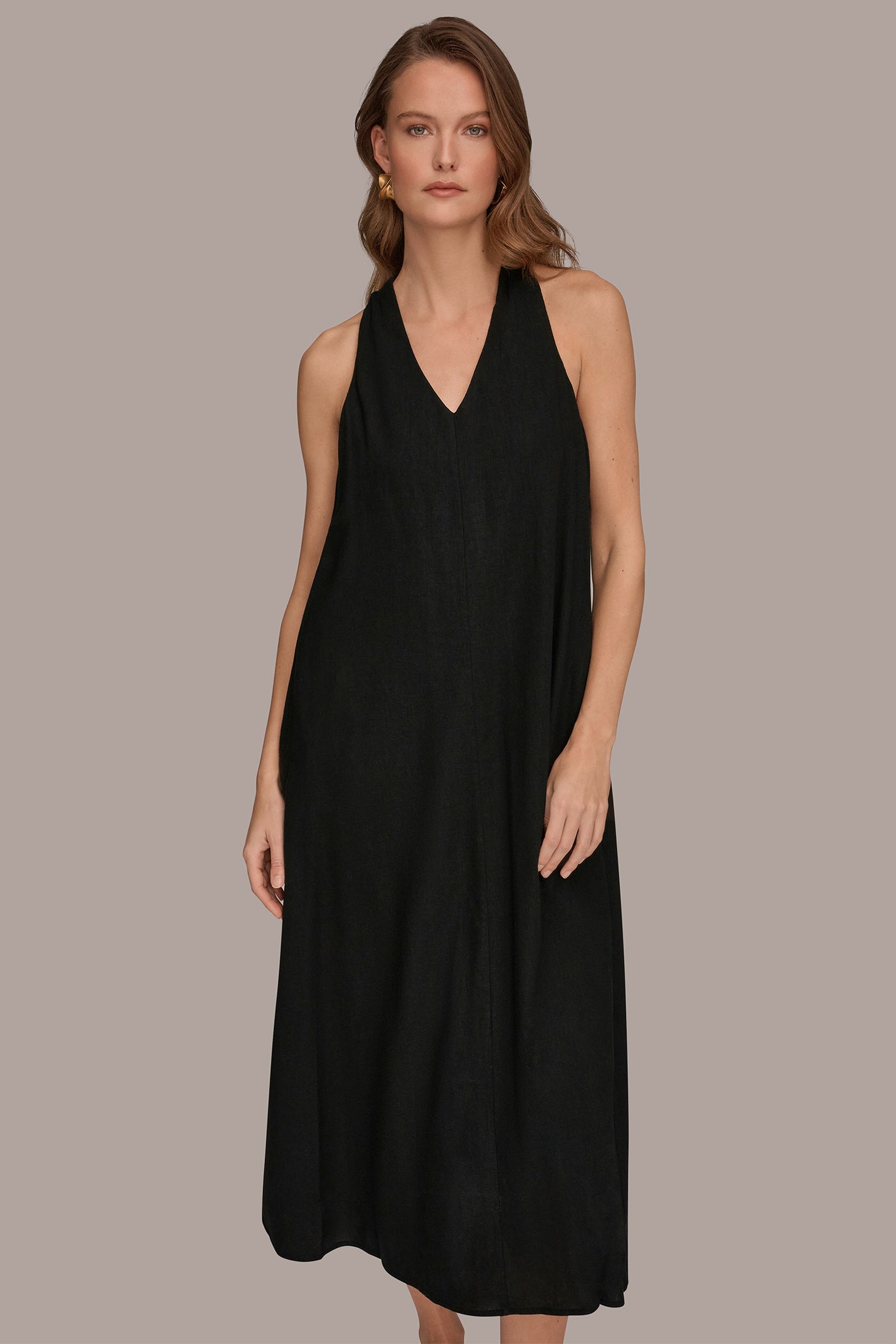 Black LINEN-BLEND SLEEVELESS TWIST-BACK MIDI HALTER DRESS Donna Karan