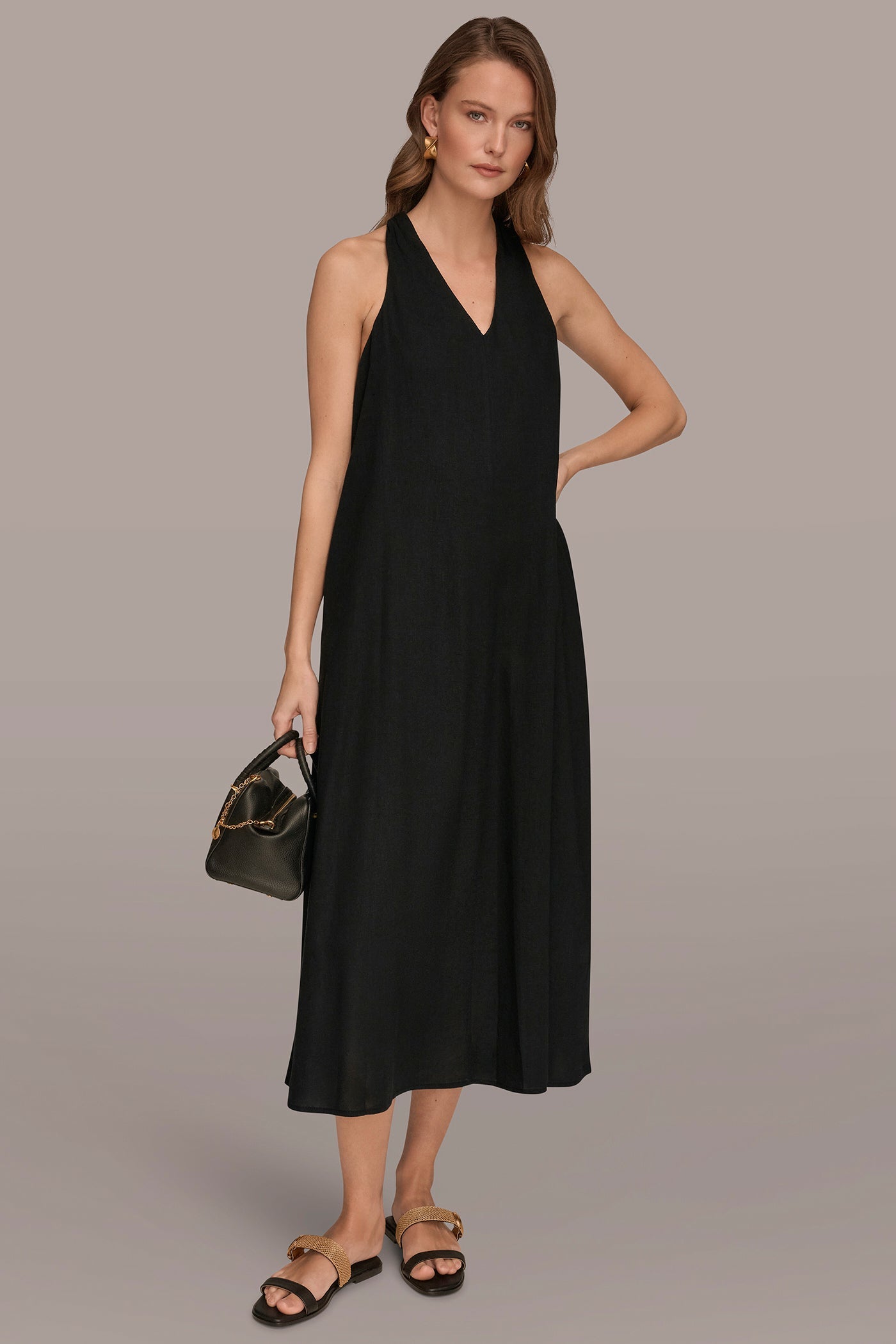 Black LINEN-BLEND SLEEVELESS TWIST-BACK MIDI HALTER DRESS Donna Karan