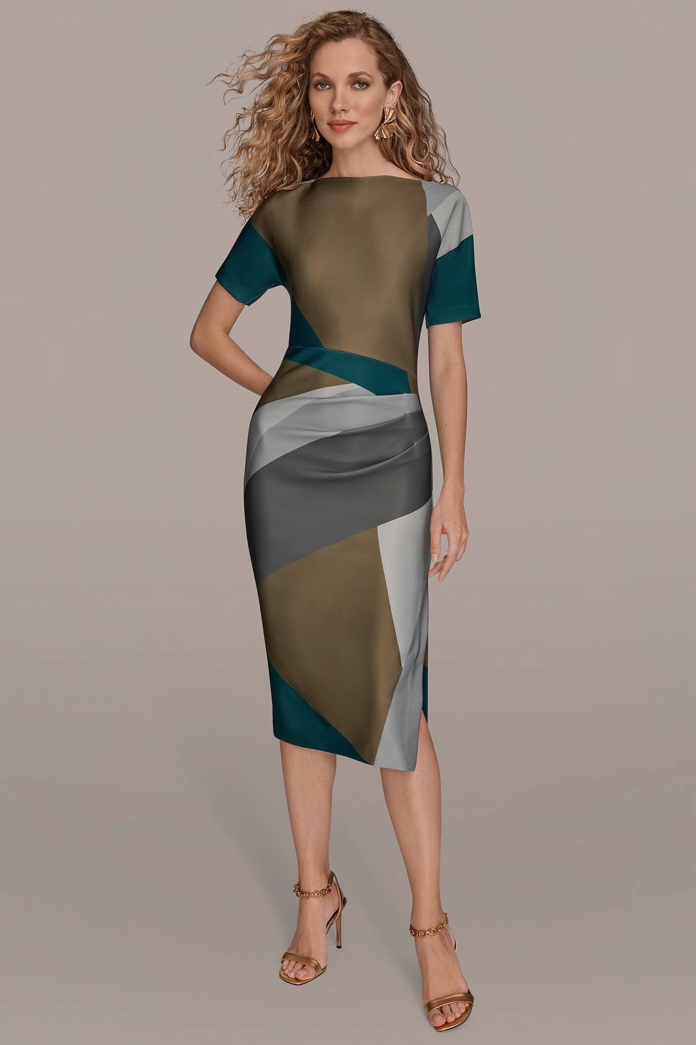ANTIQUE GREEN MULTI SHORT SLEEVE COLOR-BLOCK MIDI SHEATH DRESS Donna Karan