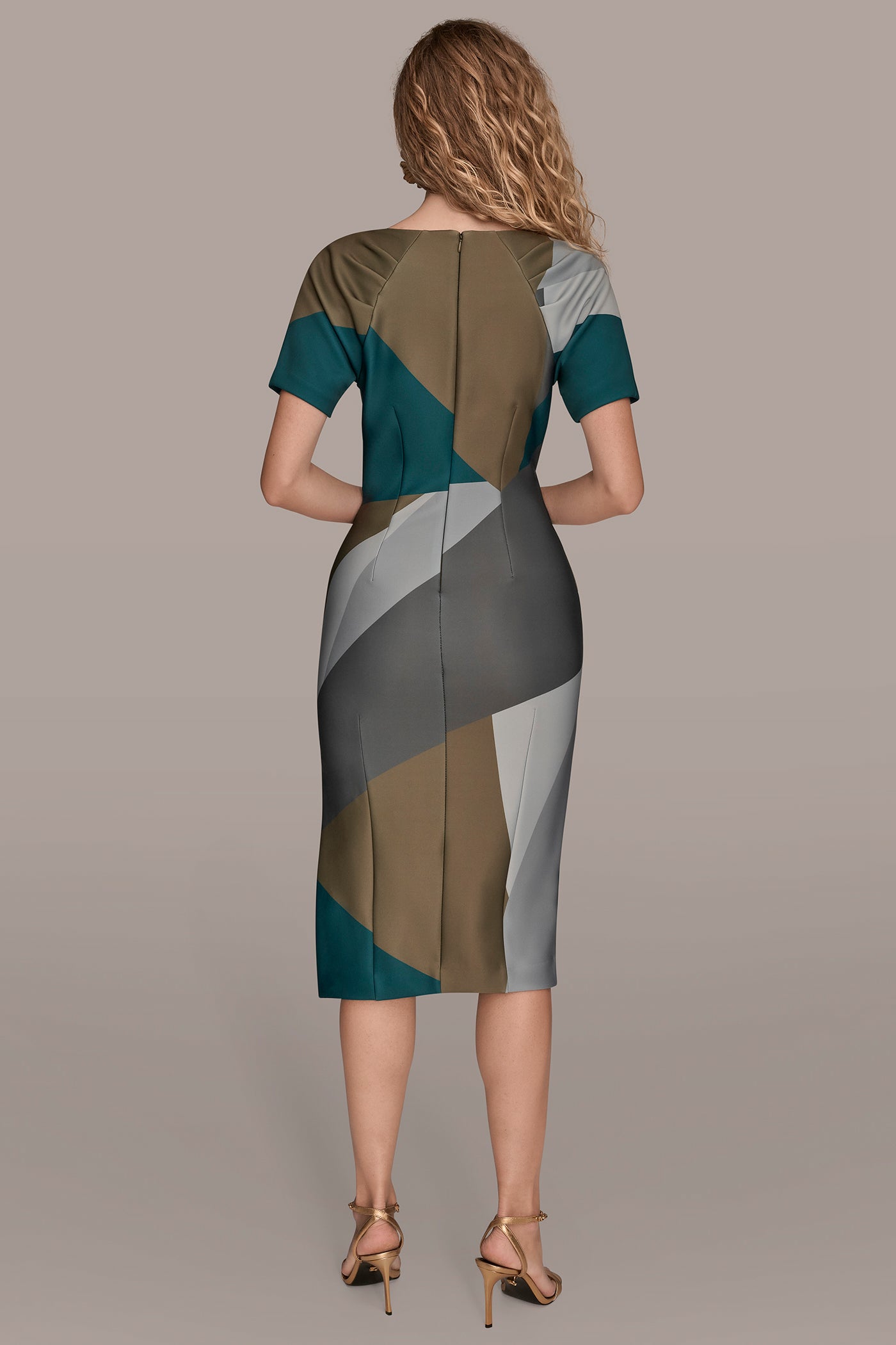 ANTIQUE GREEN MULTI SHORT SLEEVE COLOR-BLOCK MIDI SHEATH DRESS Donna Karan