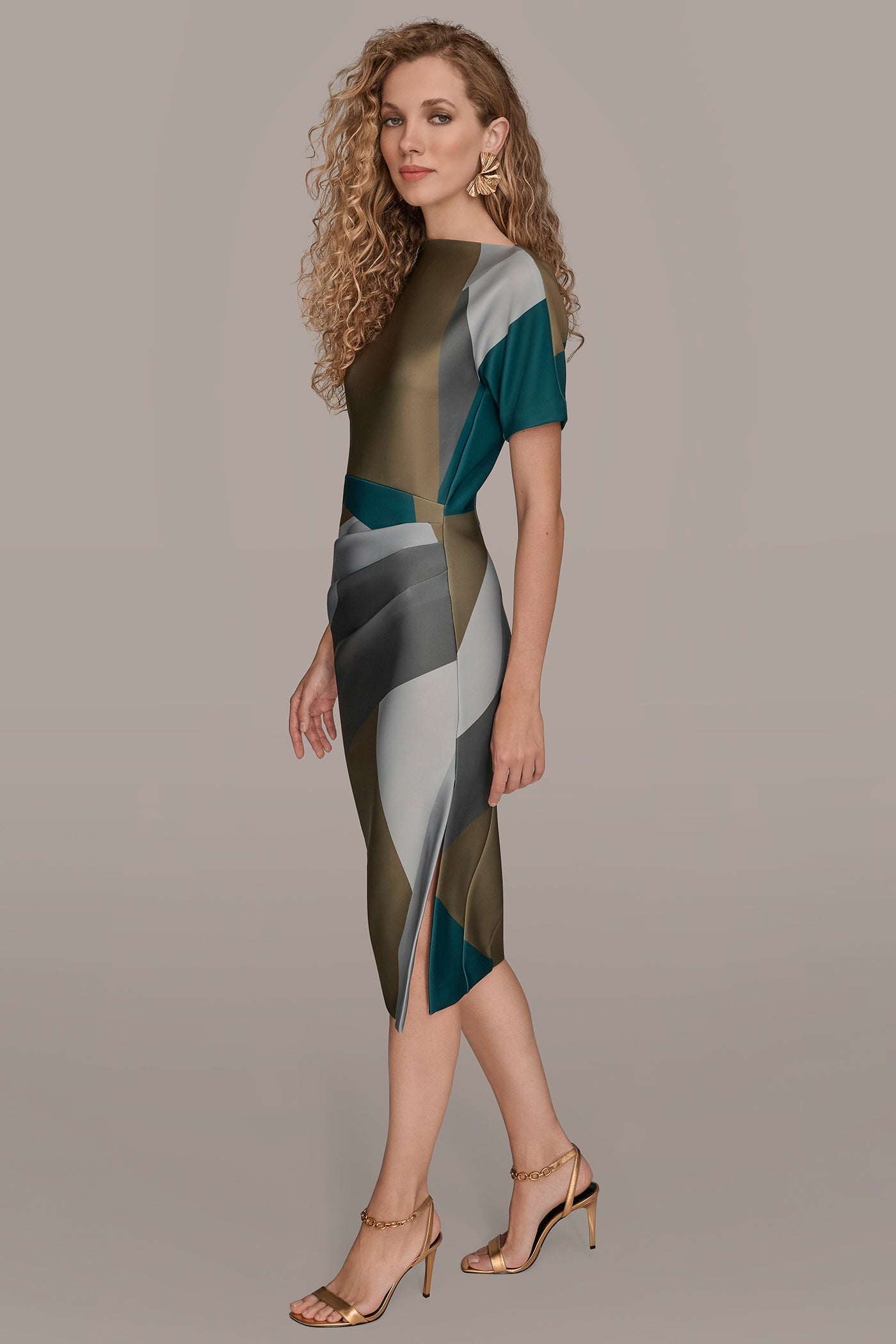 ANTIQUE GREEN MULTI SHORT SLEEVE COLOR-BLOCK MIDI SHEATH DRESS Donna Karan