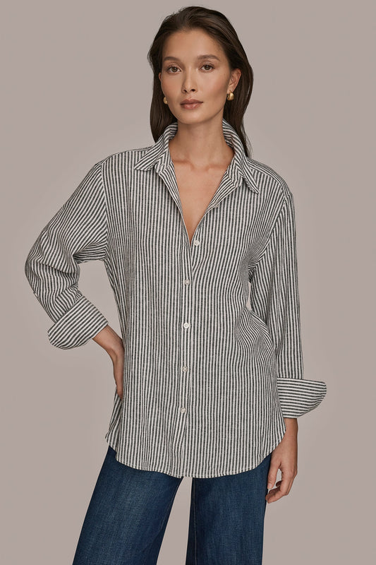 THIN WHITE/BLACK STRIPE LINEN-BLEND STRIPED SHIRT Donna Karan