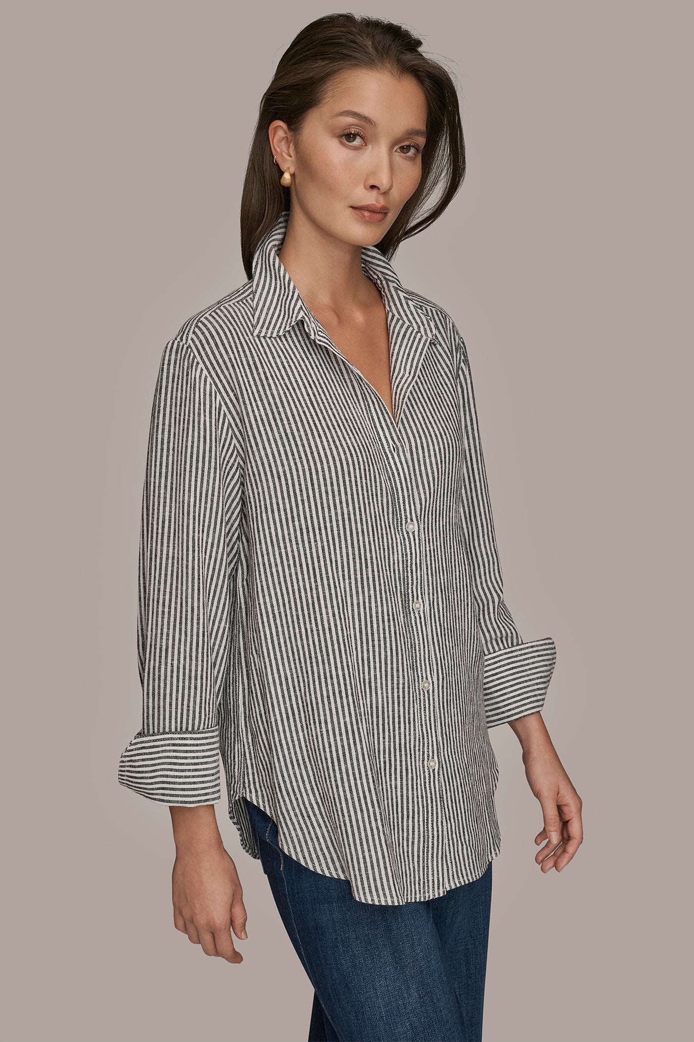 THIN WHITE/BLACK STRIPE LINEN-BLEND STRIPED SHIRT Donna Karan