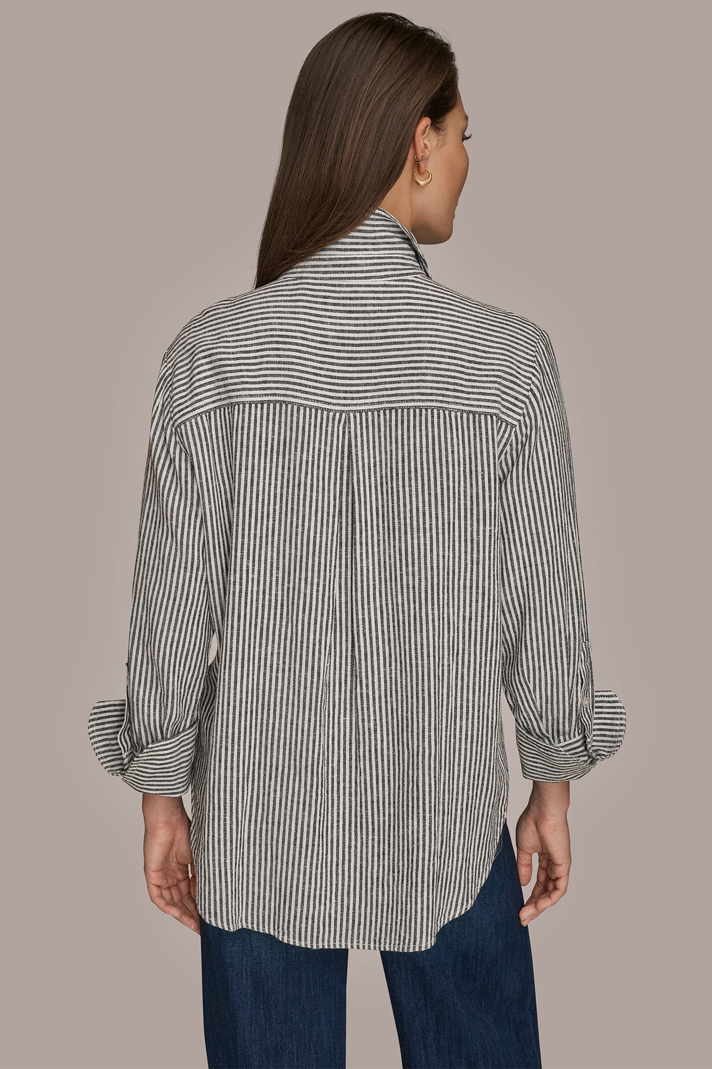THIN WHITE/BLACK STRIPE LINEN-BLEND STRIPED SHIRT Donna Karan