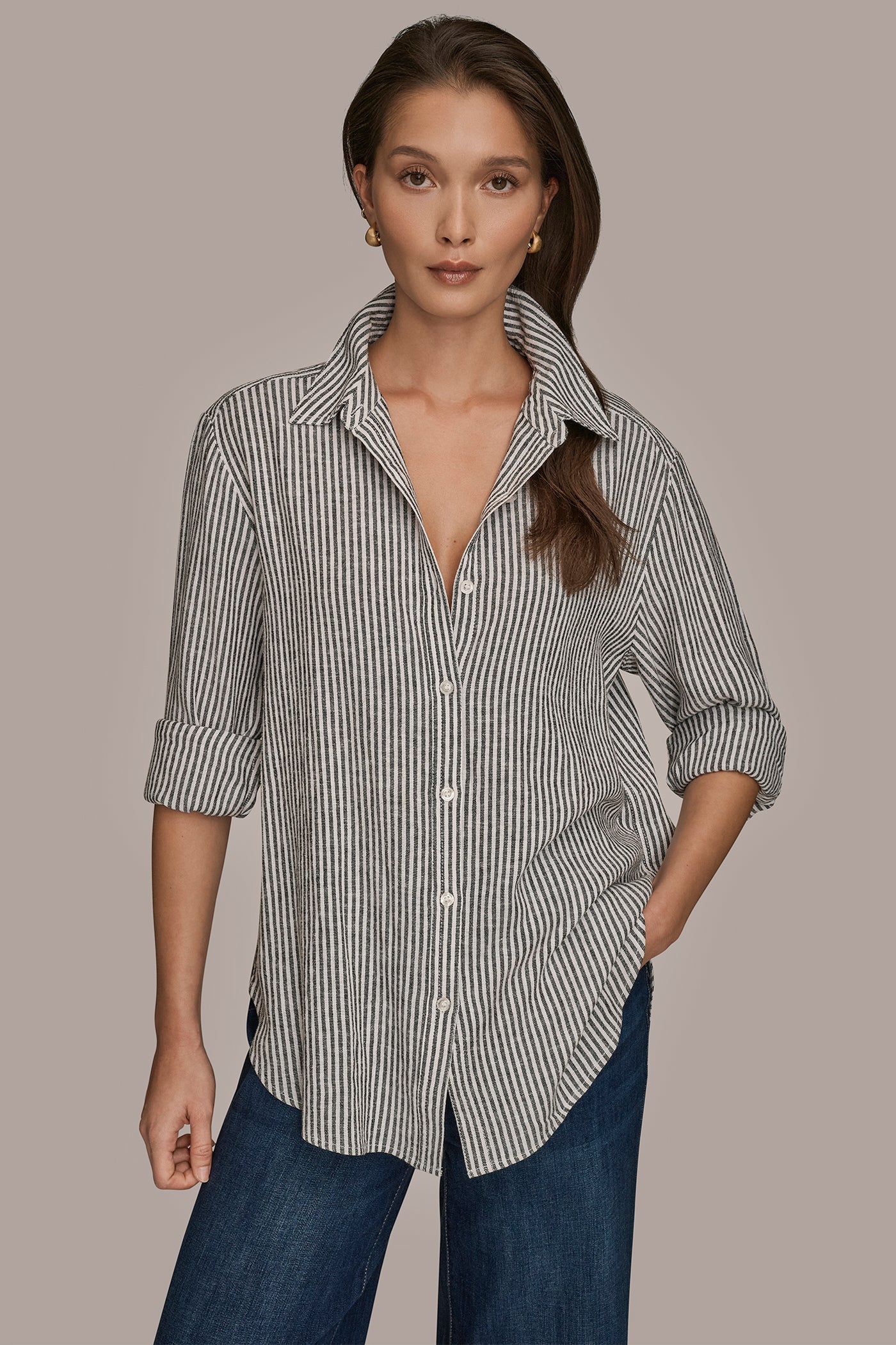 THIN WHITE/BLACK STRIPE LINEN-BLEND STRIPED SHIRT Donna Karan