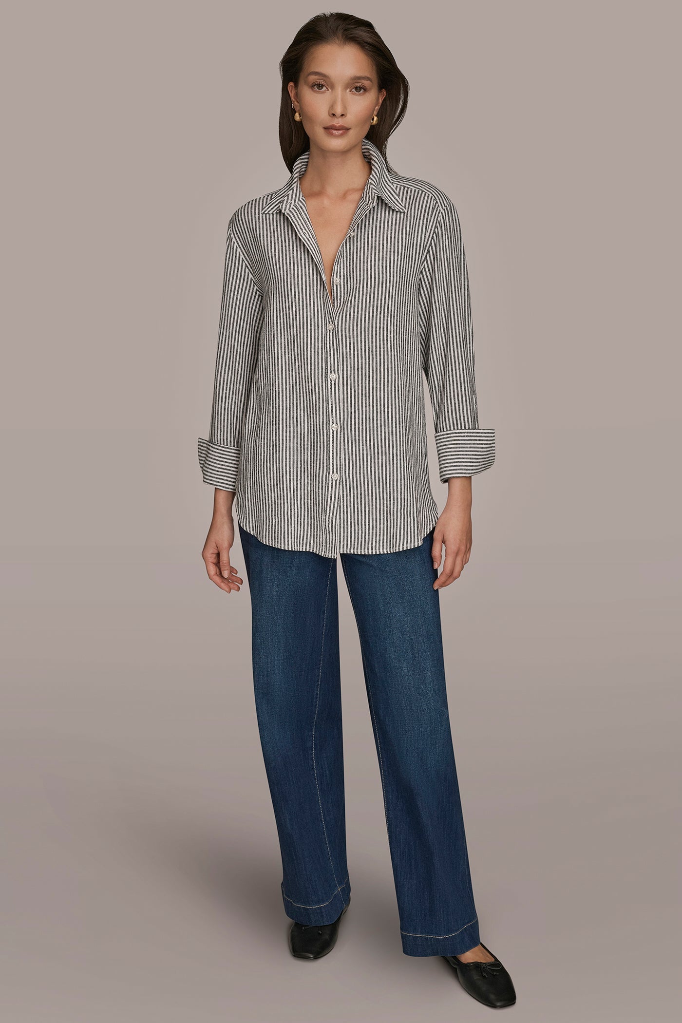 THIN WHITE/BLACK STRIPE LINEN-BLEND STRIPED SHIRT Donna Karan