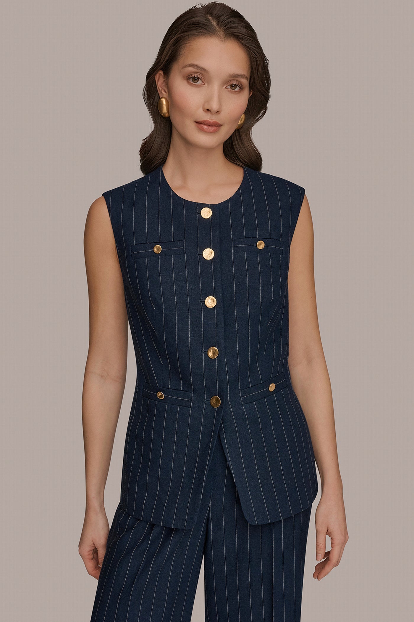 Nightfall/Cream LINEN-BLEND PINSTRIPE LONGLINE VEST Donna Karan