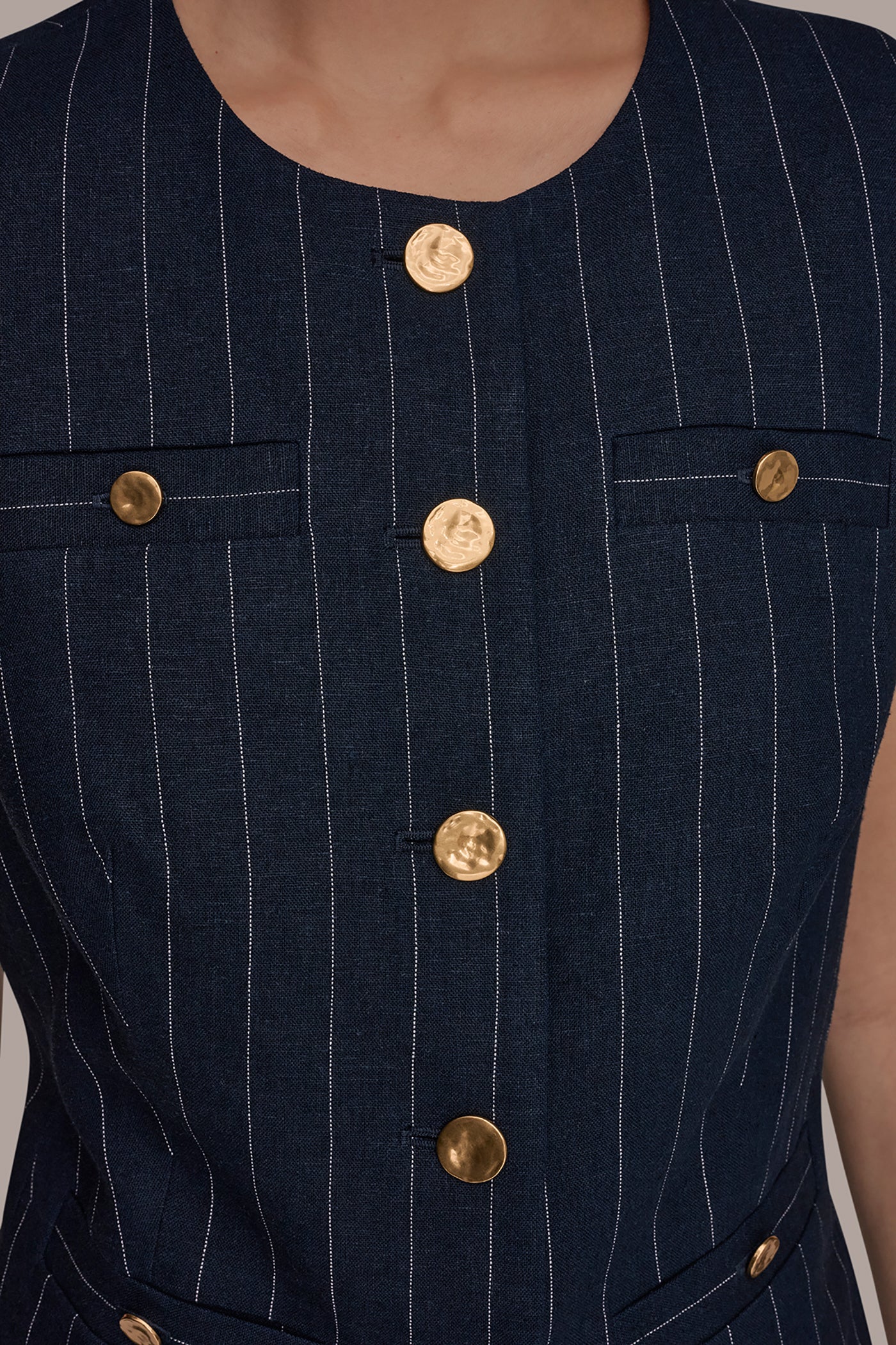 Nightfall/Cream LINEN-BLEND PINSTRIPE LONGLINE VEST Donna Karan