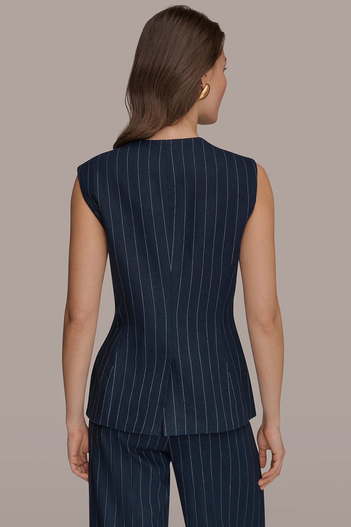 Nightfall/Cream LINEN-BLEND PINSTRIPE LONGLINE VEST Donna Karan