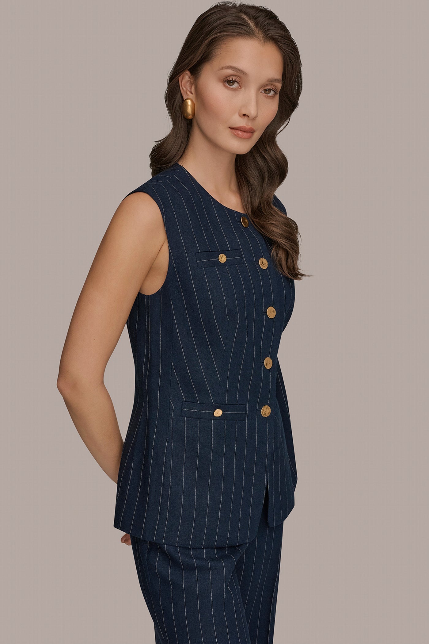 Nightfall/Cream LINEN-BLEND PINSTRIPE LONGLINE VEST Donna Karan