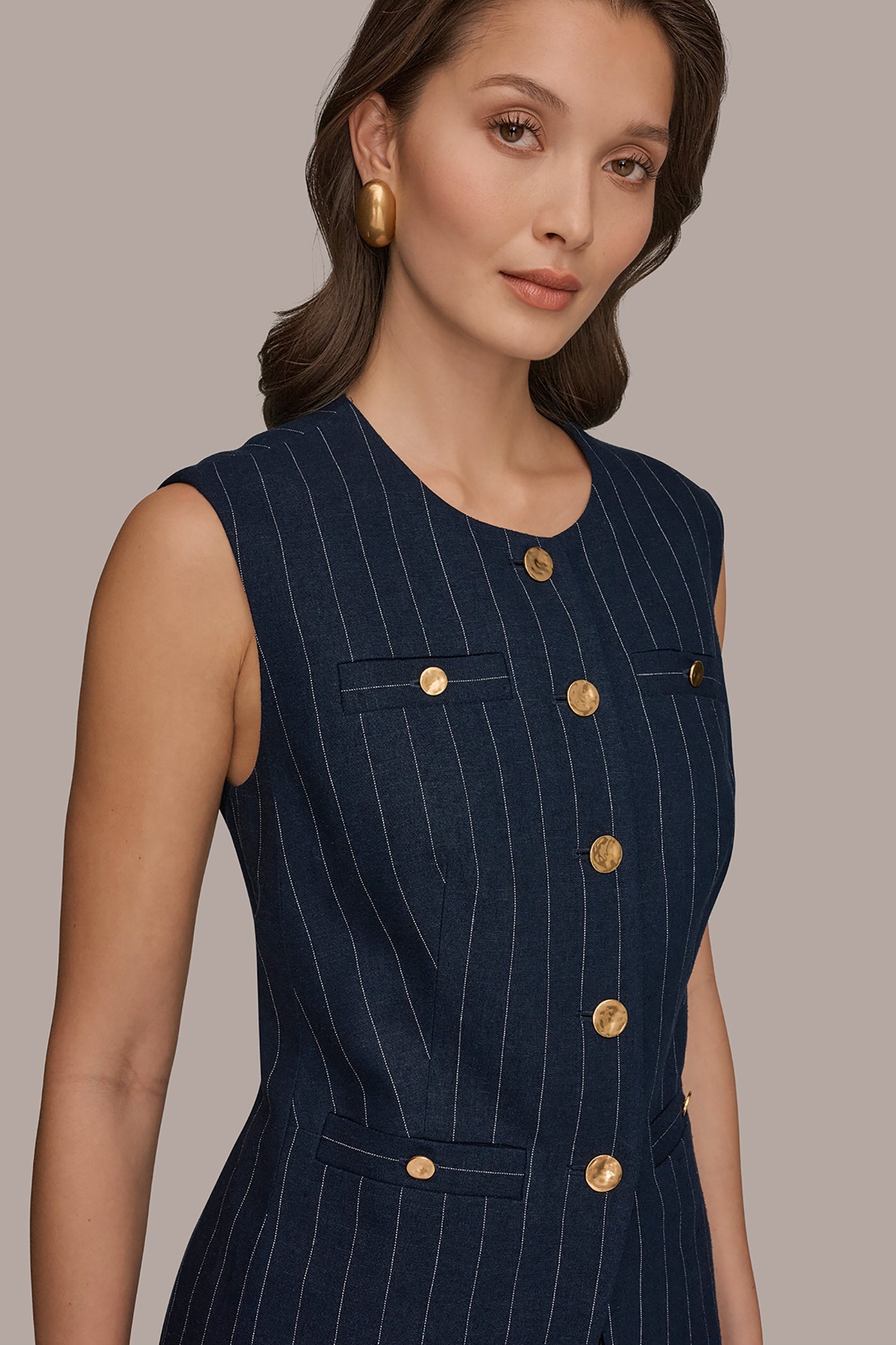 Nightfall/Cream LINEN-BLEND PINSTRIPE LONGLINE VEST Donna Karan
